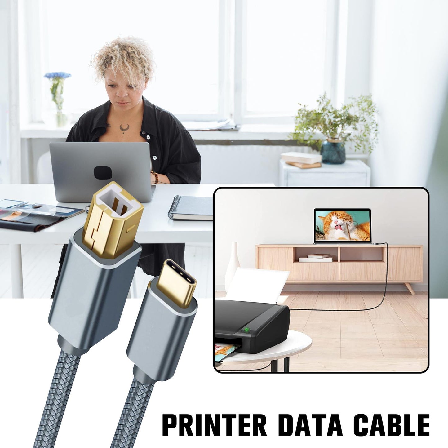 Wmool USB Type-C to USB B 2.0 Printer Cable Scanner Laptop; Gray