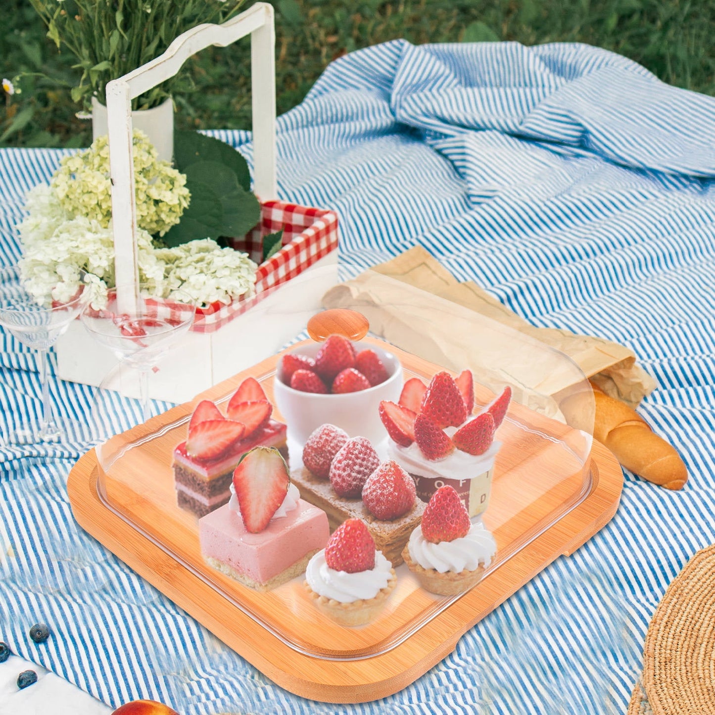 SWETRACE Bamboo Cake Serving Set Food Cover With Elegant Design For Set 10.2X10.2X5.1In