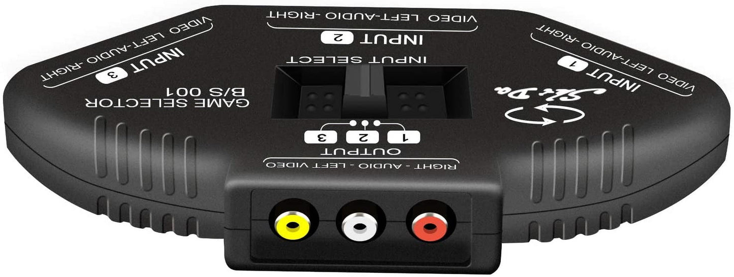 3 Way Port RCA Audio and Video Composite AV Switcher Selector Distribution Switch Box (3 Input 1 Output) for Wii, Xbox, DVD, PS2, Cable Box
