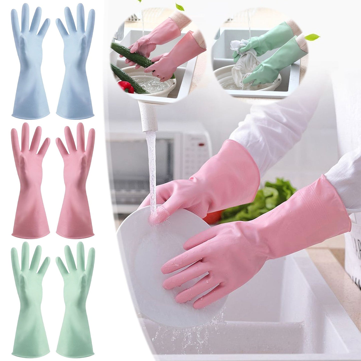 1 Pairs Rubber Gloves for Dishwashing Cleaning, Cotton Lined Household Gloves, Waterproof Gloves for Kitchen Bathroom, Reusable Gloves, Food Grade Non-Slip Household Kitchen Gloves Light blue,M