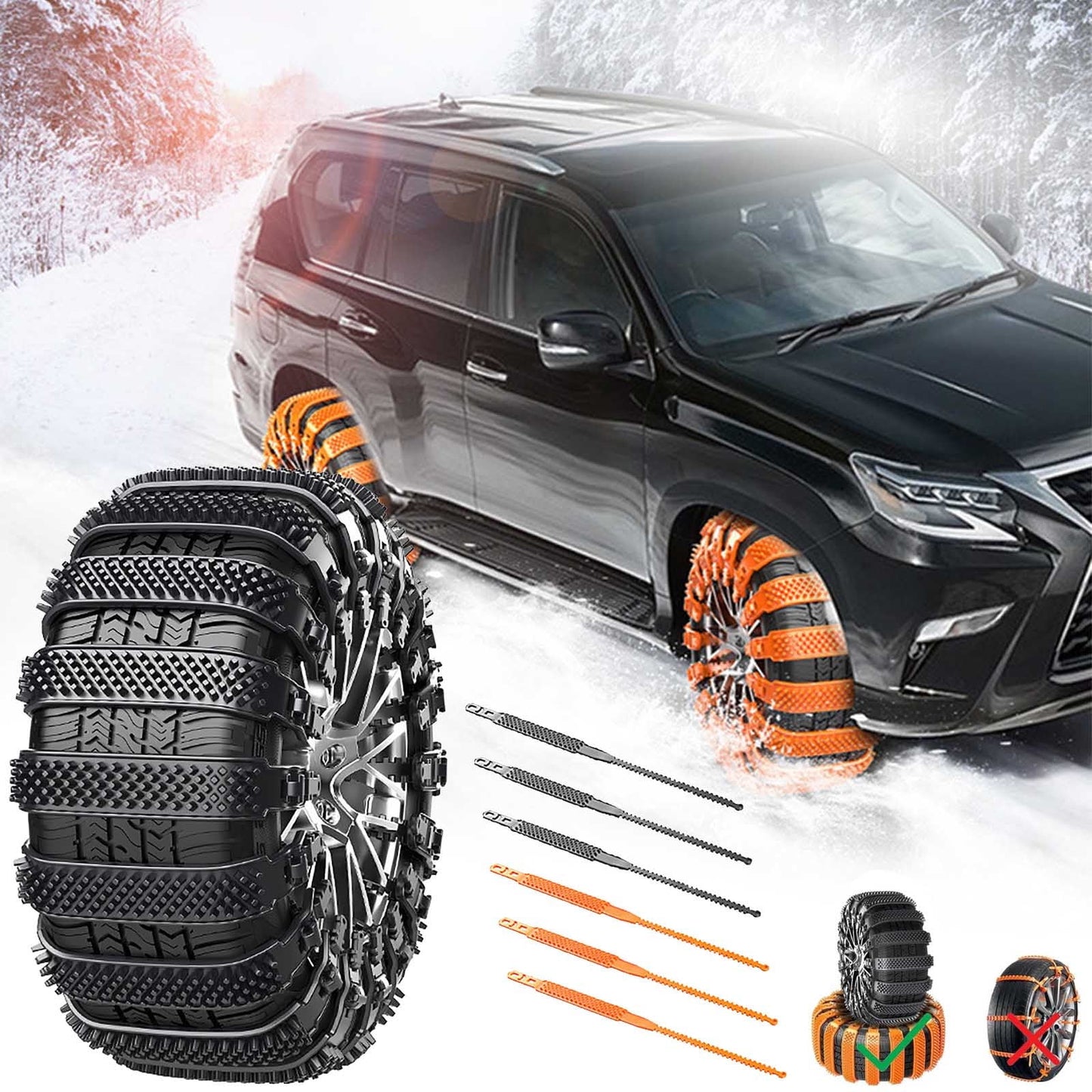 Reusable Anti Snow Chains of Car,Snow Tire Chains,Universal Adjustable Emergency Portable Snow Tire Chains for Car SUV Pickup Trucks Car Vuyungers Snow Chains Non-Slip Cable Tie Orange