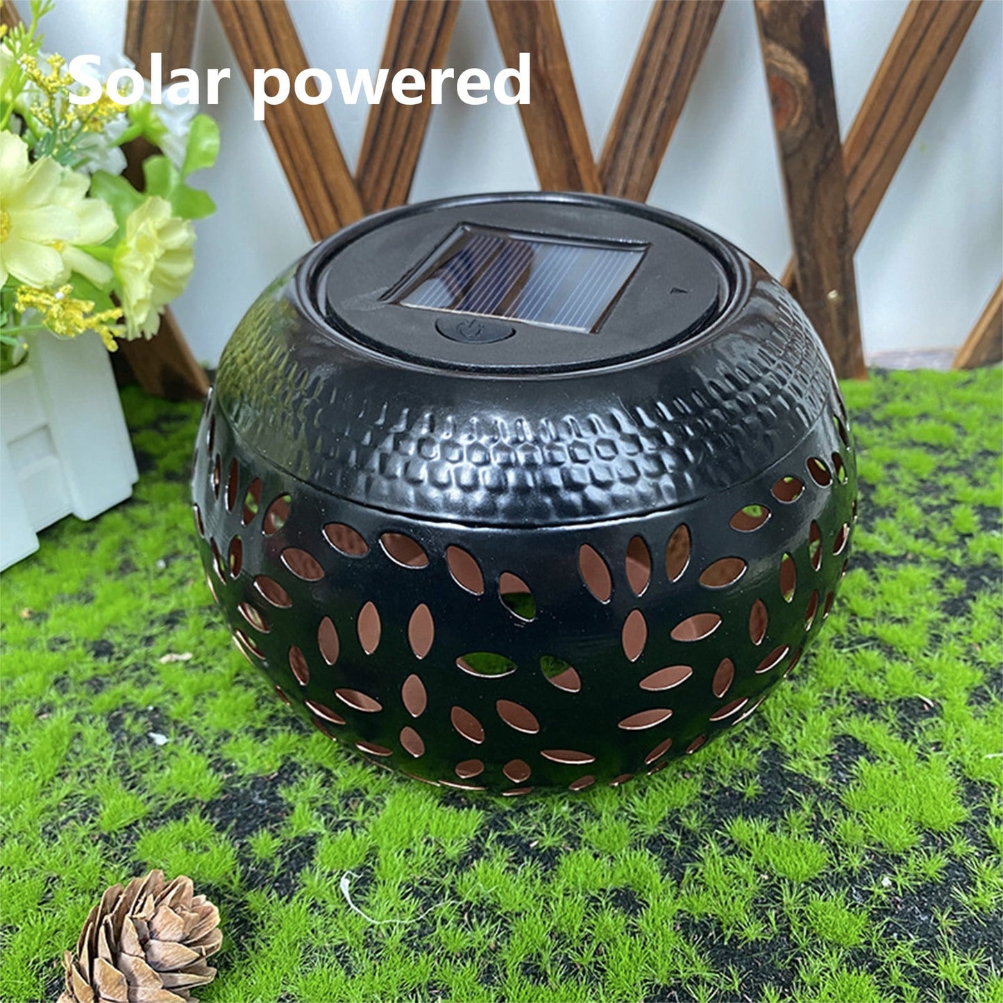 Solar Lantern Outdoor Waterproof, Solar Table Lights LED Metal Tabletop Light Solar Powered Decorative Lighting Lanterns for Desk Bedroom Patio Garden Yard,Flickering Flame Light round Pot Black