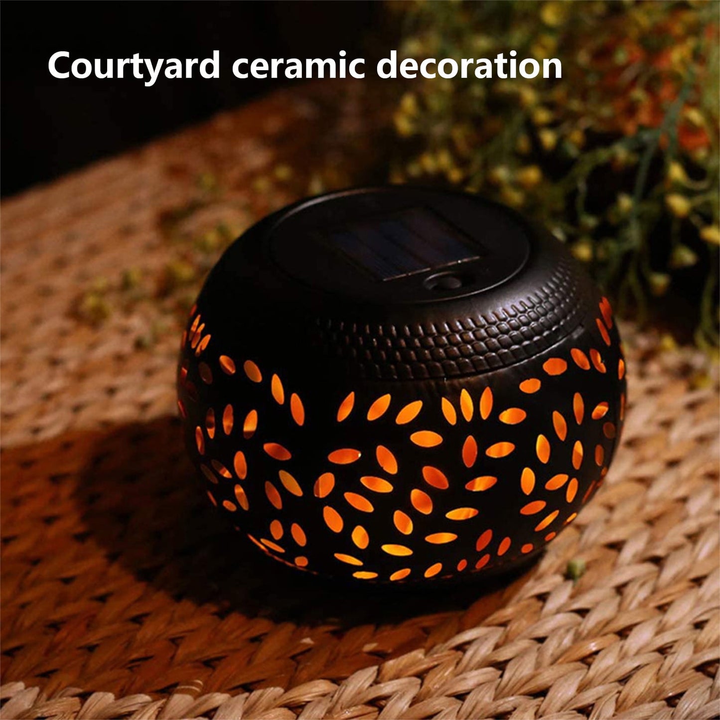 Solar Lantern Outdoor Waterproof, Solar Table Lights LED Metal Tabletop Light Solar Powered Decorative Lighting Lanterns for Desk Bedroom Patio Garden Yard,Flickering Flame Light round Pot Black