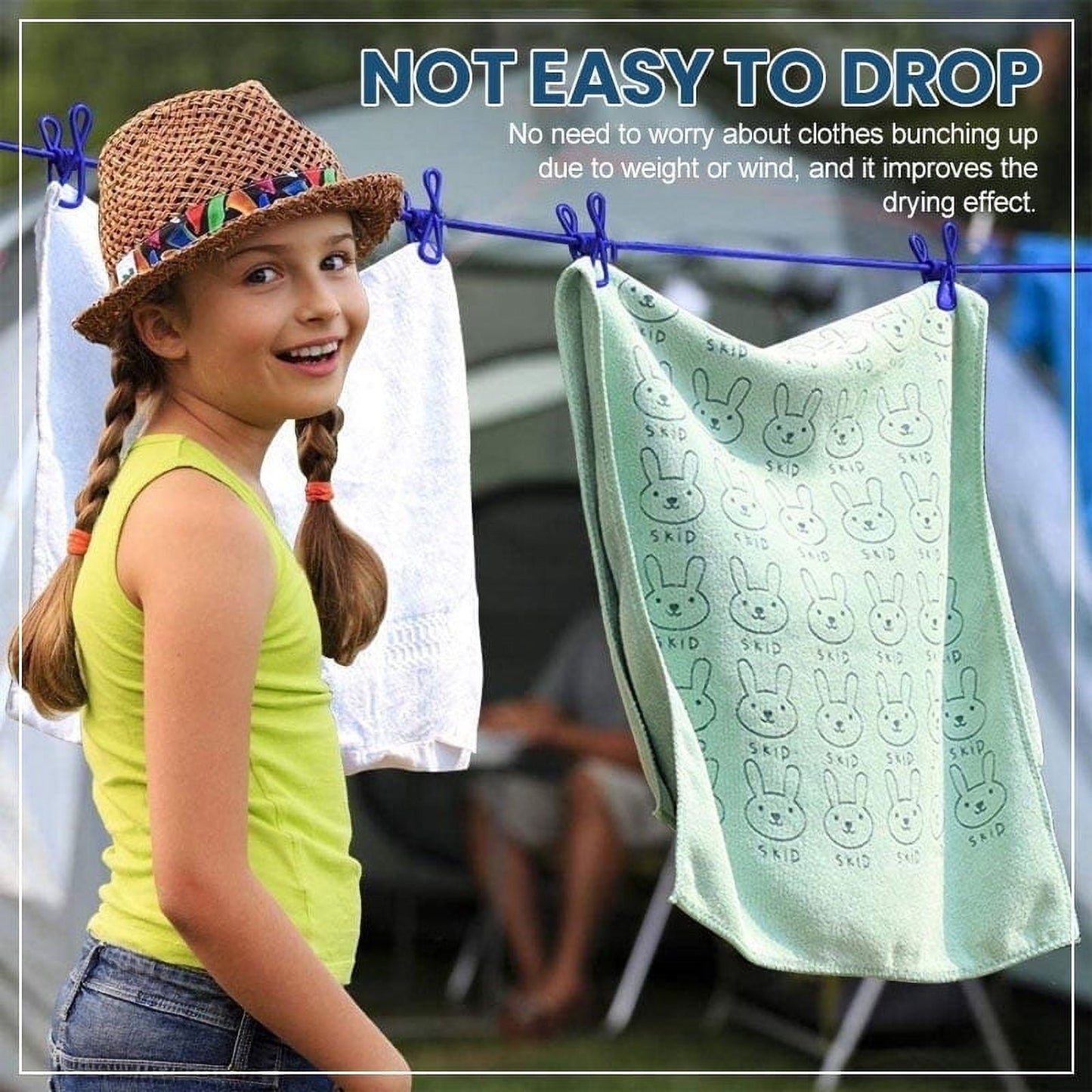 Portable Clothesline for Travel, Camping, and RV – Windproof Elastic Clothesline with 12 Clips, 6ft Length, Non-Slip, Space-Saving, Easy to Hang – Ideal for Backyard, Bathroom, and Outdoor Use White