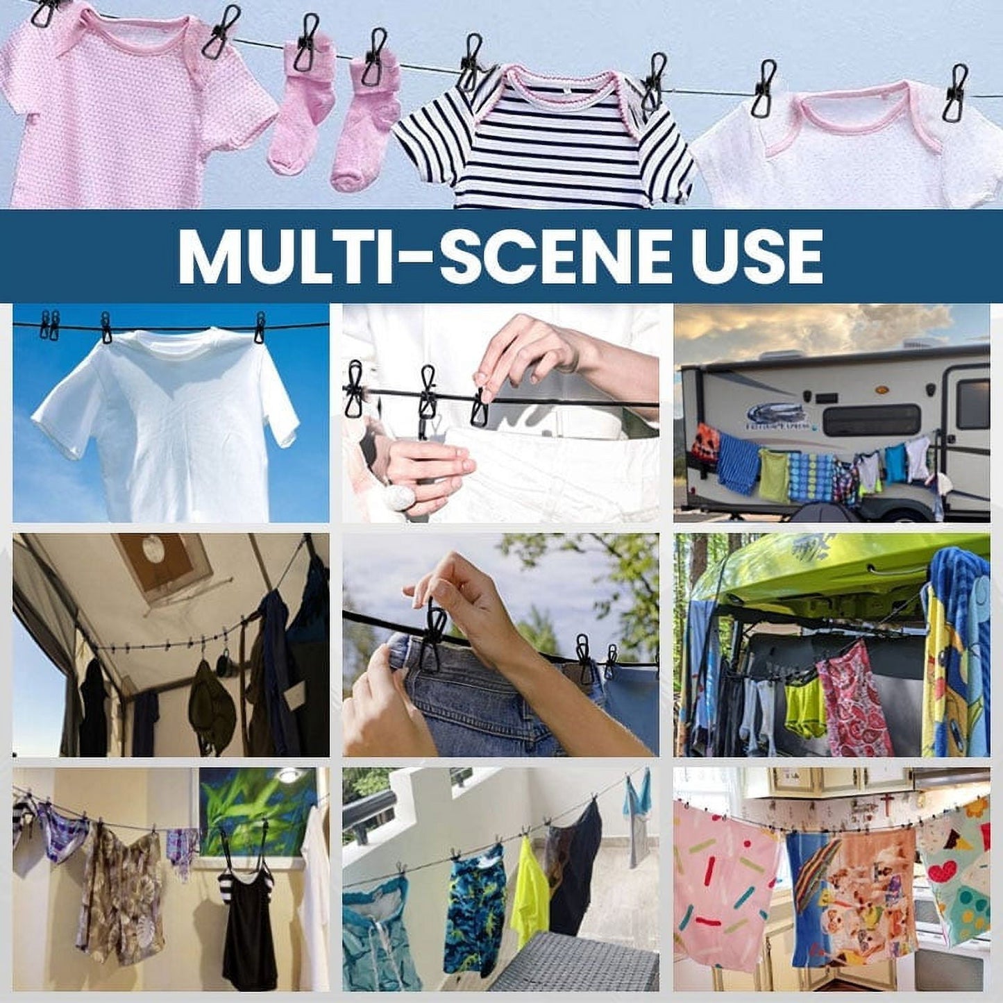 Portable Clothesline for Travel, Camping, and RV – Windproof Elastic Clothesline with 12 Clips, 6ft Length, Non-Slip, Space-Saving, Easy to Hang – Ideal for Backyard, Bathroom, and Outdoor Use White