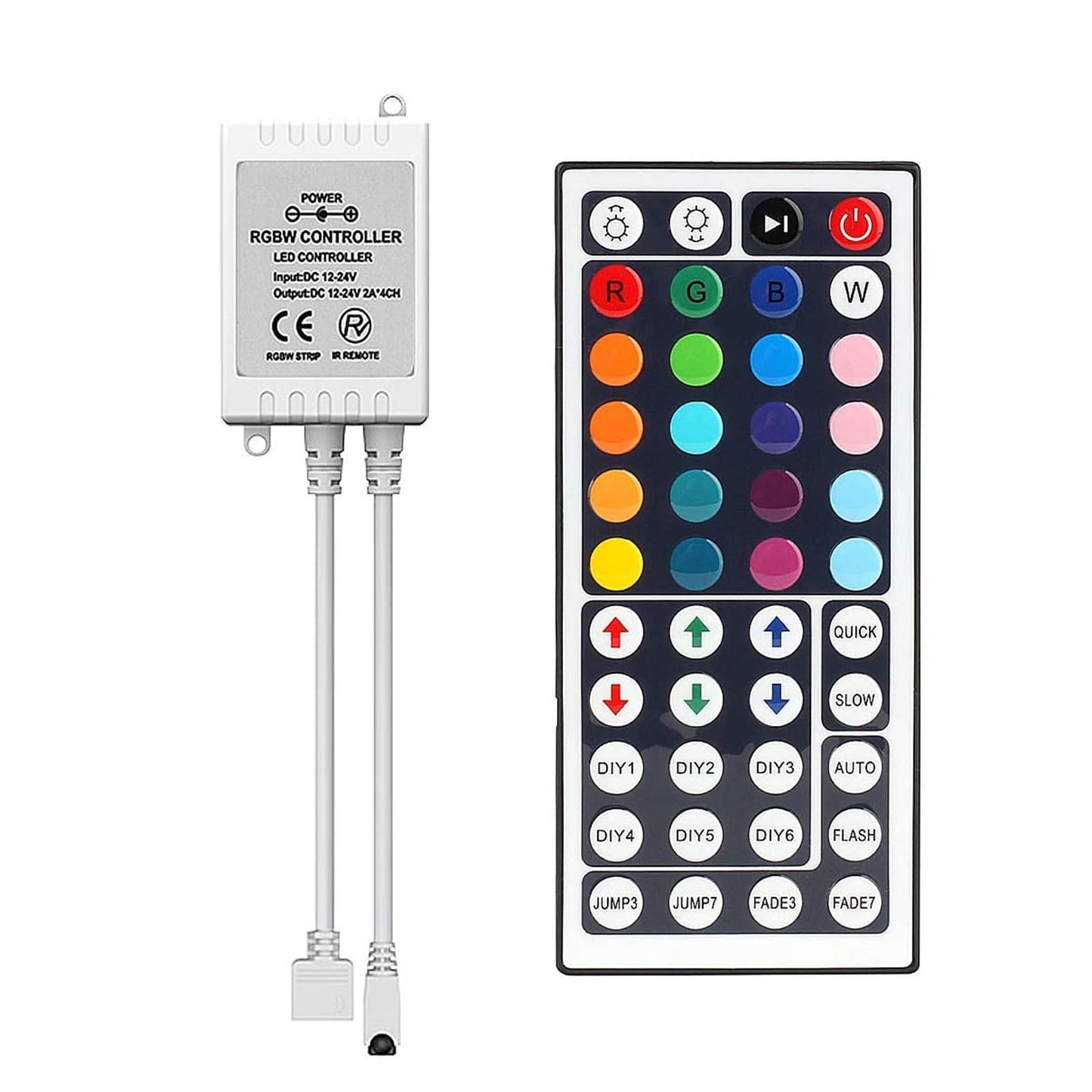 12V LED Strip Light Controller - 44 Key IR Infrared Wireless Remote with Receiver, RGB Color Changing, 16 Colors, 5 Light Modes, Adjustable Speed, Flash/Strobe/Fade, Not Included LED Lights