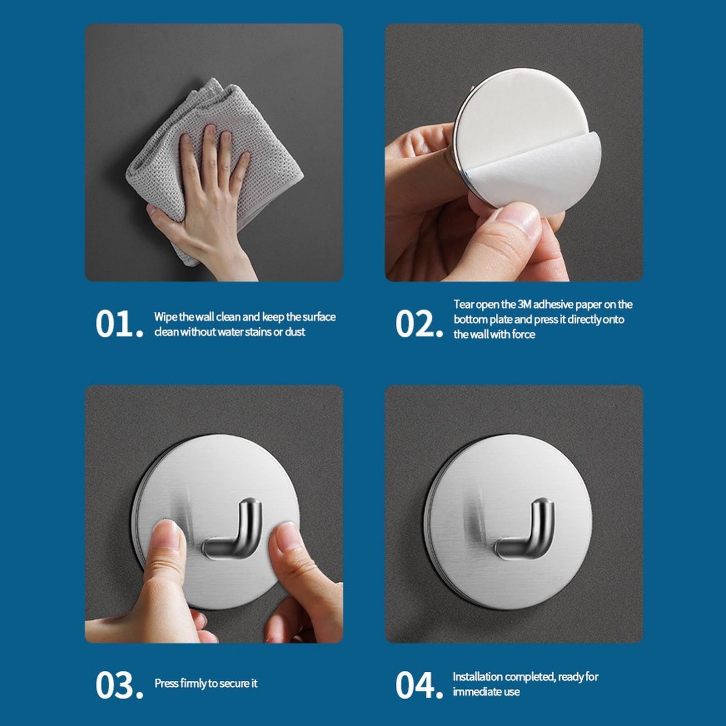 Adhesive Hooks Heavy Duty Waterproof in Shower Hooks for Hanging Loofah, Towels Clothes for Bathroom Removable Stainless Steel Brush Nickel Adhesive Wall Hooks 4 Pcs (Sliver) 1.8x1.8 1.8" x 1.8" White