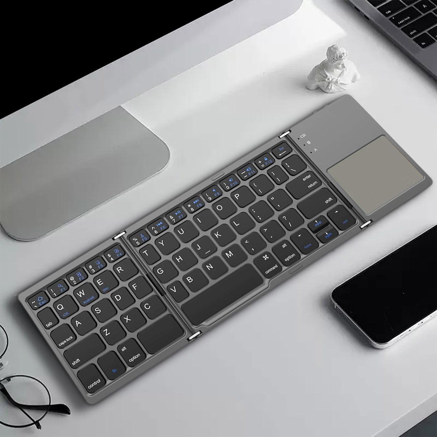 Tri-Folding Bluetooth Keyboard,Wireless Portable Foldable Bluetooth Keyboard for Travel, Keyboard with Touchpad, Rechargeable Multi-Device Small Keyboard for Laptop Tablet PC Smartphone A
