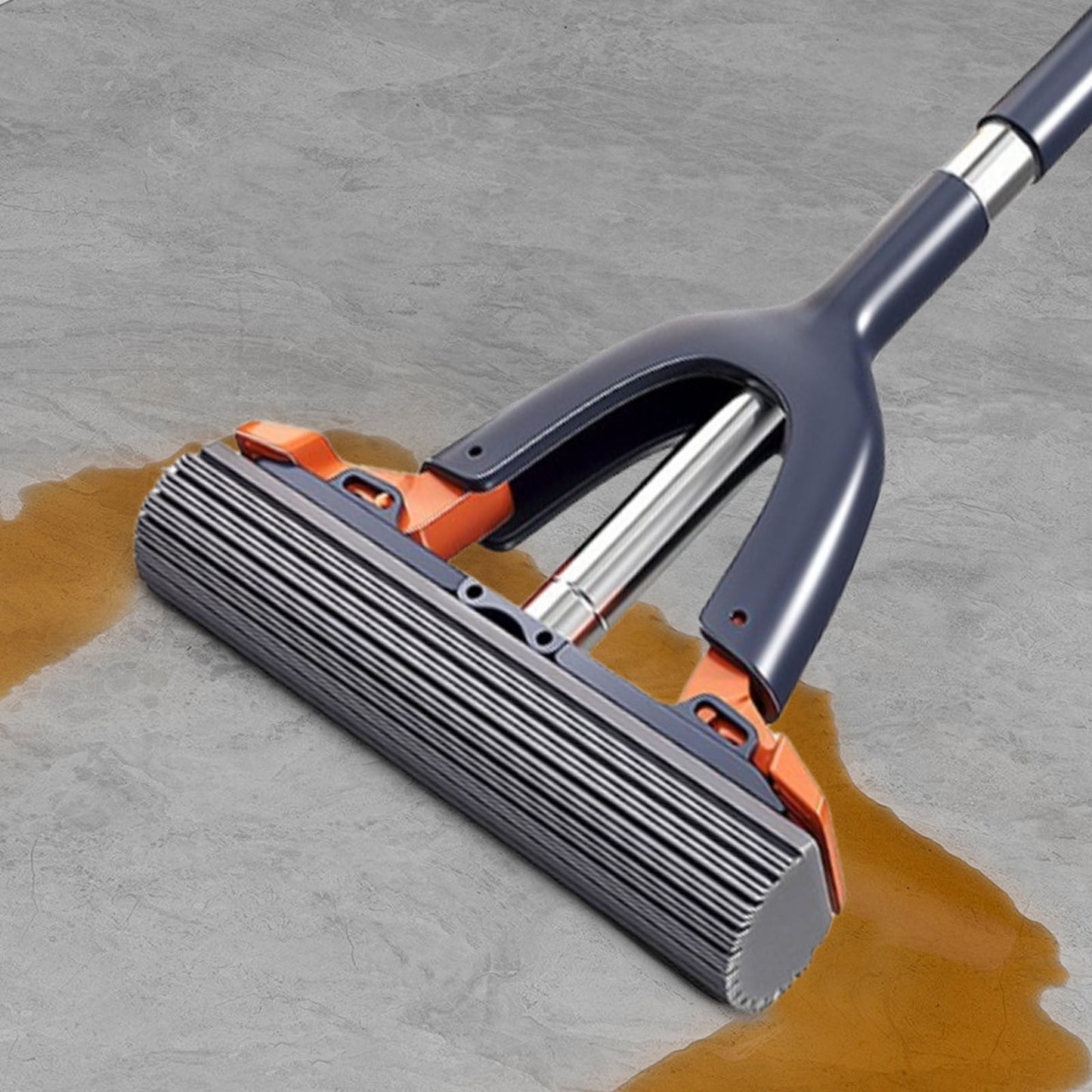 Sponge Mop with Roller Wringer Self Squeezing Floor Cleaner No Hand Contact Thickened Rubber Head for Tile Hardwood (37cm)