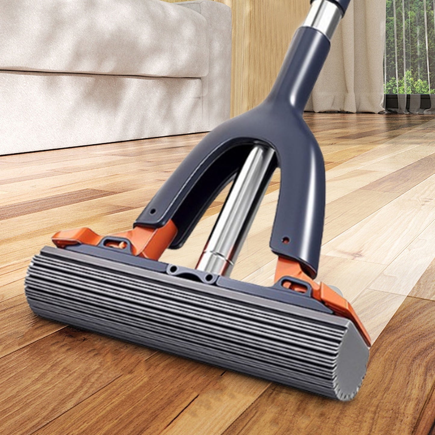 Sponge Mop with Roller Wringer Self Squeezing Floor Cleaner No Hand Contact Thickened Rubber Head for Tile Hardwood (37cm)