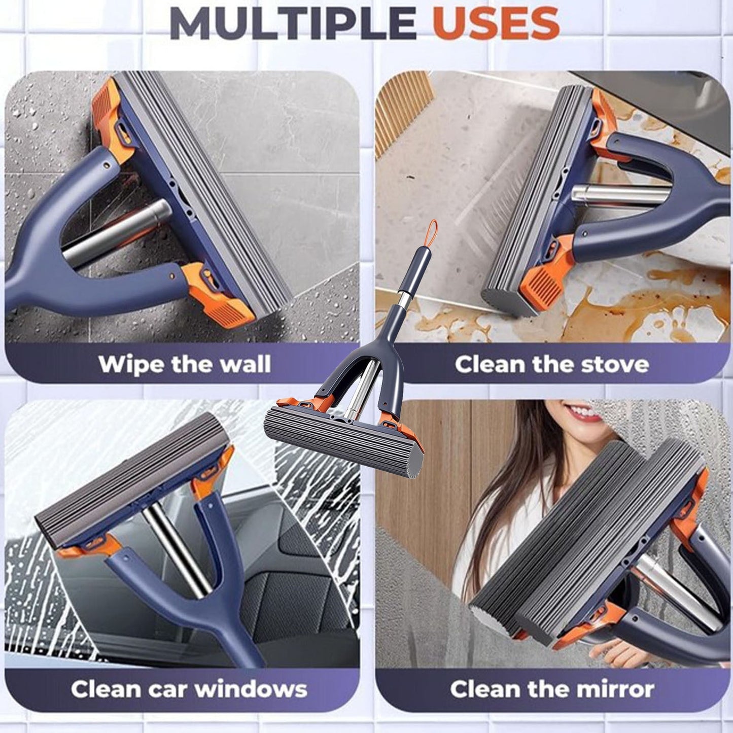 Sponge Mop with Roller Wringer Self Squeezing Floor Cleaner No Hand Contact Thickened Rubber Head for Tile Hardwood (37cm)