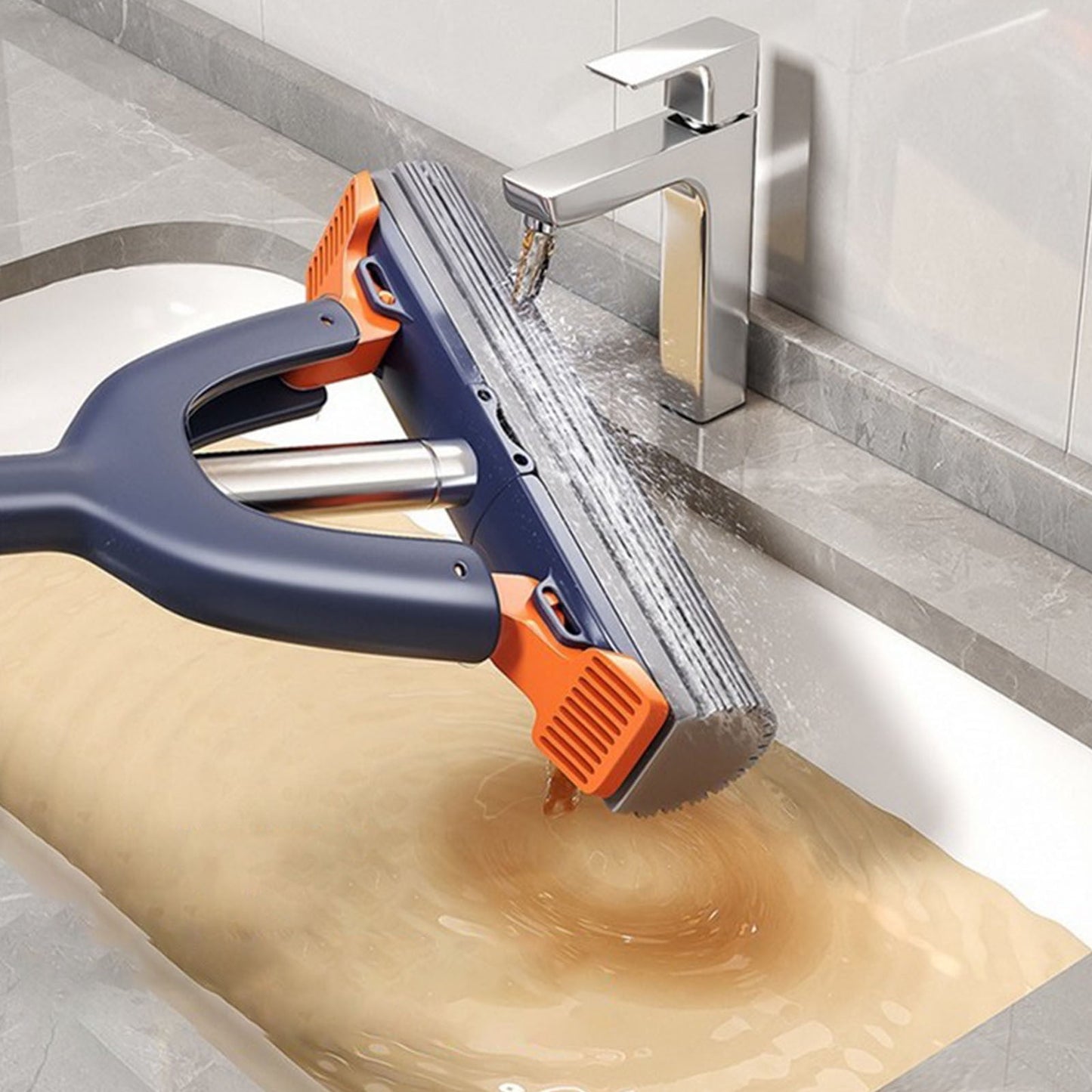 Sponge Mop with Roller Wringer Self Squeezing Floor Cleaner No Hand Contact Thickened Rubber Head for Tile Hardwood (37cm)