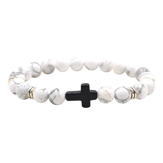 Natural Stone Black Cross Stretch Bracelet Elastic Thread Beaded Unisex Jewelry - One Size Fits Most Wrist, Spiritual Healing Crystal Bead Gift, Black