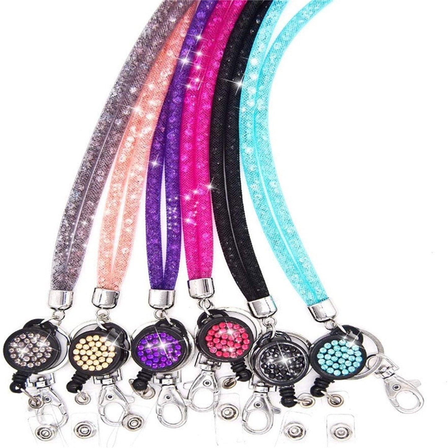 Retractable ID Badge Holder with Bling Neck Strap Lanyard, Heavy Duty Bling Badge Reel with Clear Card Holder for Office Worker Teacher Doctor (Sky Blue/1 Pcs) 3.54x2.64 3.54" x 2.64" Hot Pink