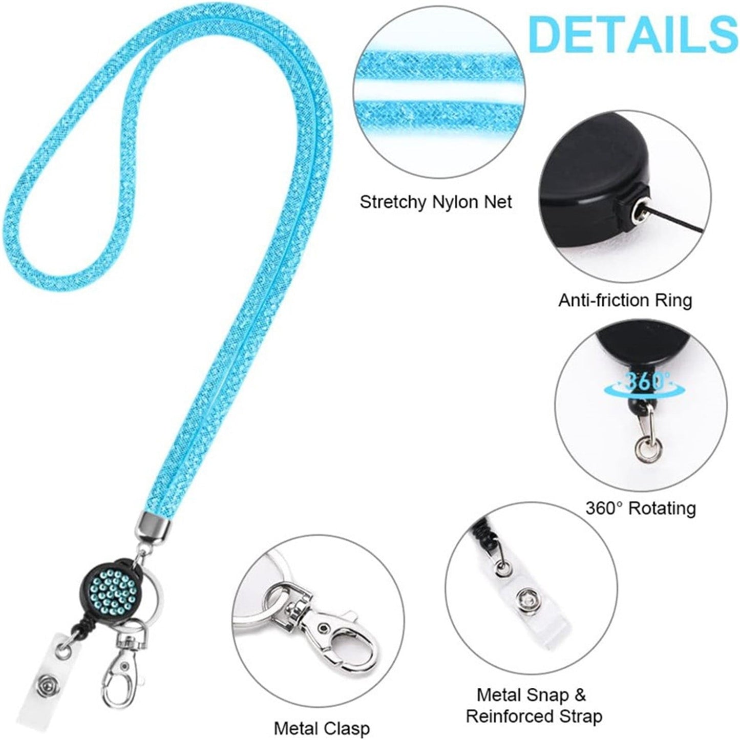 Retractable ID Badge Holder with Bling Neck Strap Lanyard, Heavy Duty Bling Badge Reel with Clear Card Holder for Office Worker Teacher Doctor (Sky Blue/1 Pcs) 3.54x2.64 3.54" x 2.64" Pink