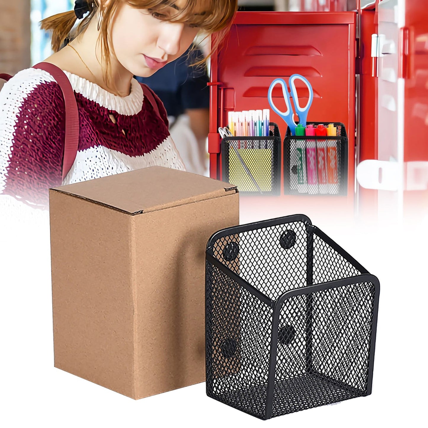 Magnetic Pencil Holder, Magnets Marker Holder, Mesh Storage Basket Organizer with Extra Strong Magnet, Mesh Pen Holder for Refrigerator, Whiteboard, Locker Accessories, Office Supplies, 3.93x3.54x4.9 3.54x3.93x4.92 Black