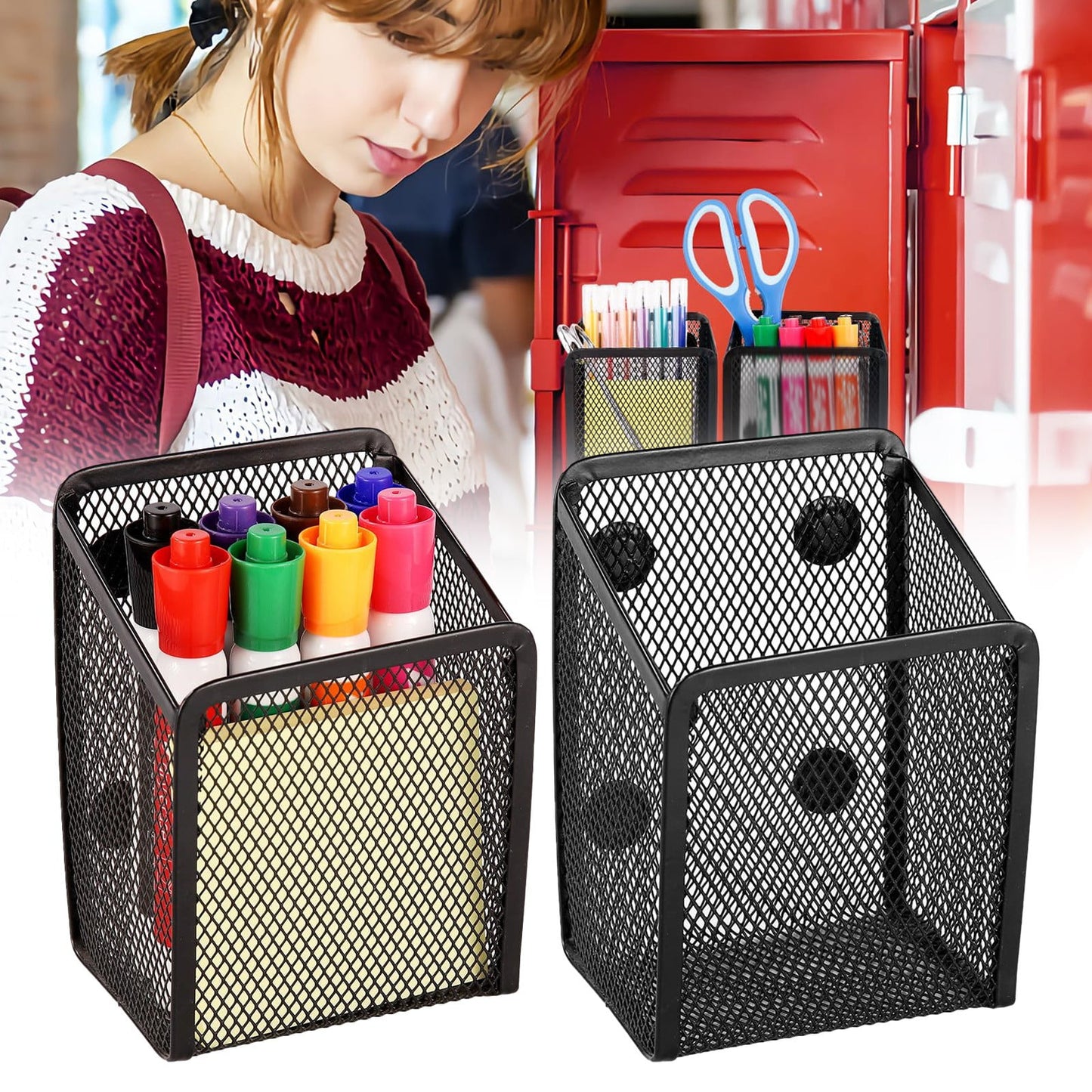 Magnetic Pencil Holder, Magnets Marker Holder, Mesh Storage Basket Organizer with Extra Strong Magnet, Mesh Pen Holder for Refrigerator, Whiteboard, Locker Accessories, Office Supplies, 3.93x3.54x4.9 3.54x3.93x4.92 Black