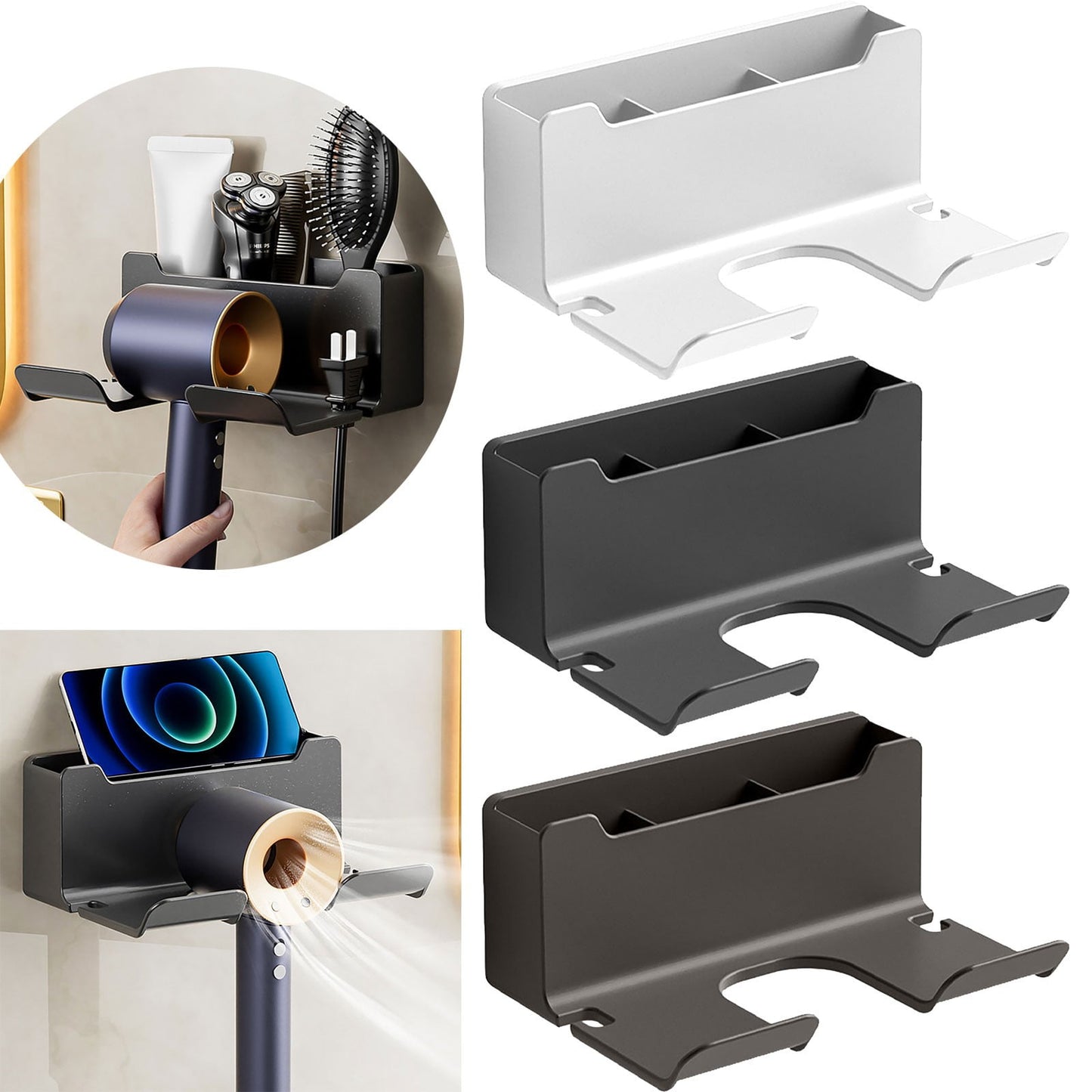 1 Pack Hair Dryer Holder, Wall Mount Self Adhesive Waterproof Blow Dryer Rack Storage Organizer Hanger, Compatible with Most Hair Blower Appliance, Curling Iron, Straightener(Z2-White) Z2-Black