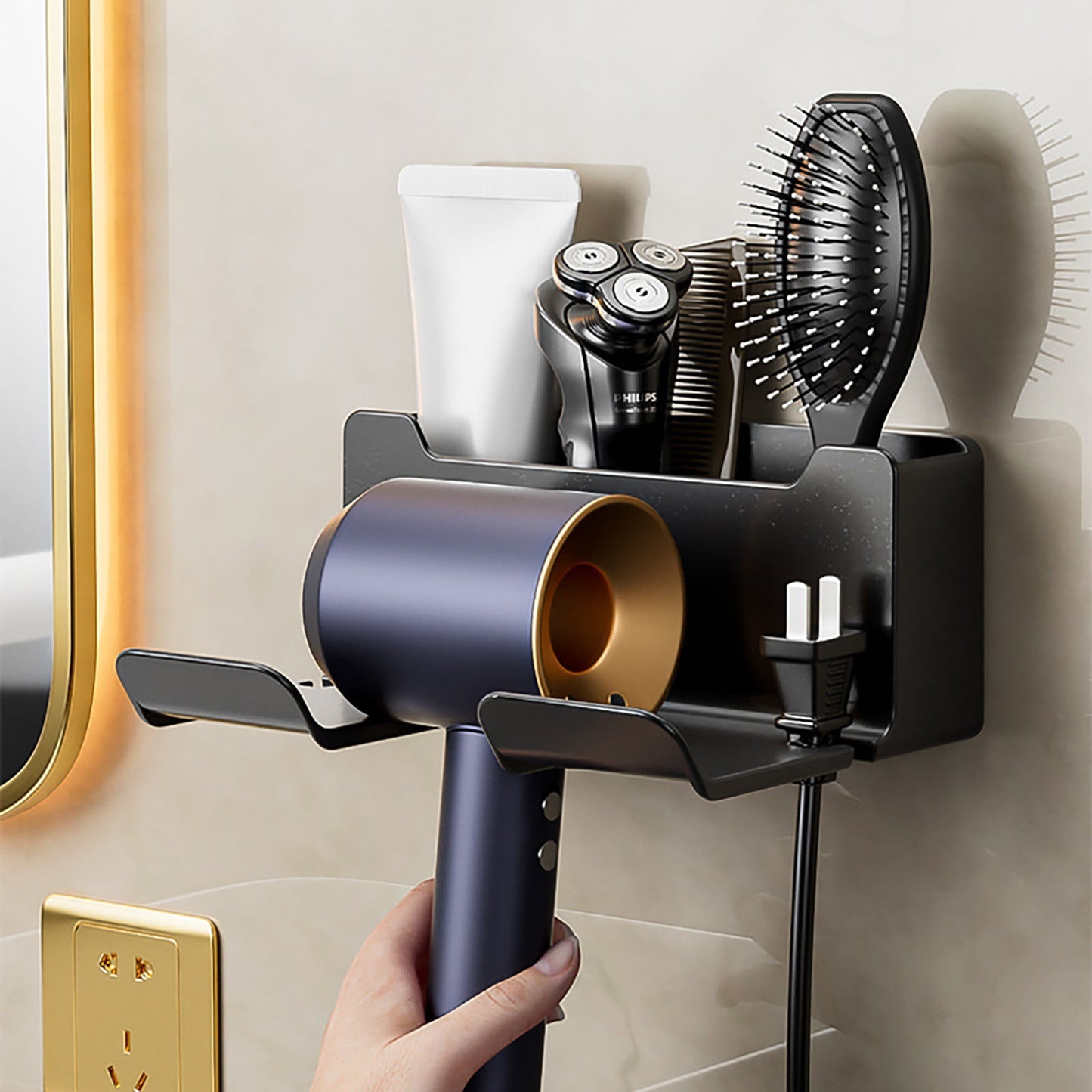 1 Pack Hair Dryer Holder, Wall Mount Self Adhesive Waterproof Blow Dryer Rack Storage Organizer Hanger, Compatible with Most Hair Blower Appliance, Curling Iron, Straightener(Z2-White) Z2-Grey