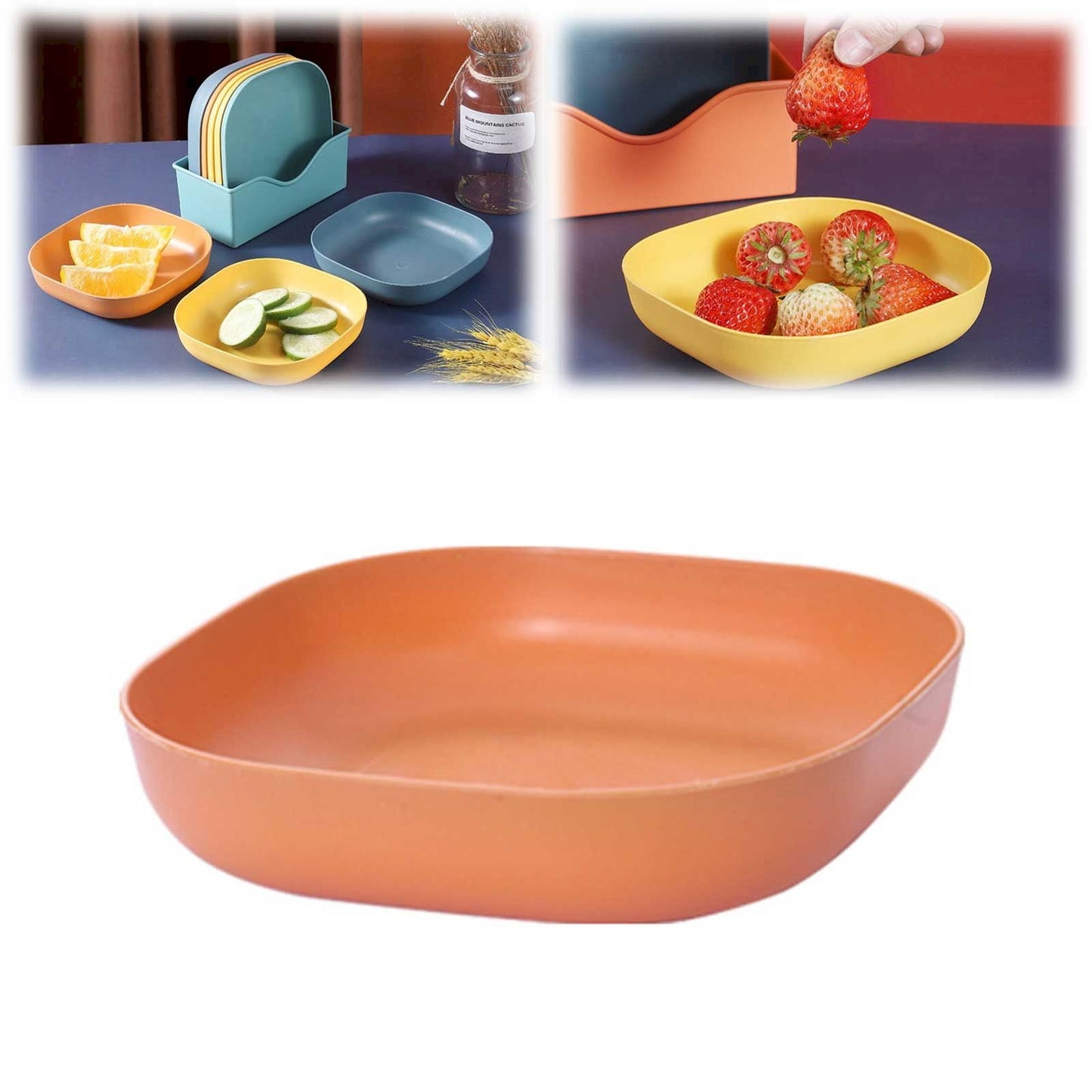 1Pc Square Cereal Bowls,Plastic Small Bowls For Kitchen,Reusable Lightweight Dinner Plate,Plastic Square Bowl,6 Inch Shallow Serving Bowls For Soup Salad Oatmeal Snack Dessert Ice Cream,Orange 5.51" x 5.51" x 1.18" Blue