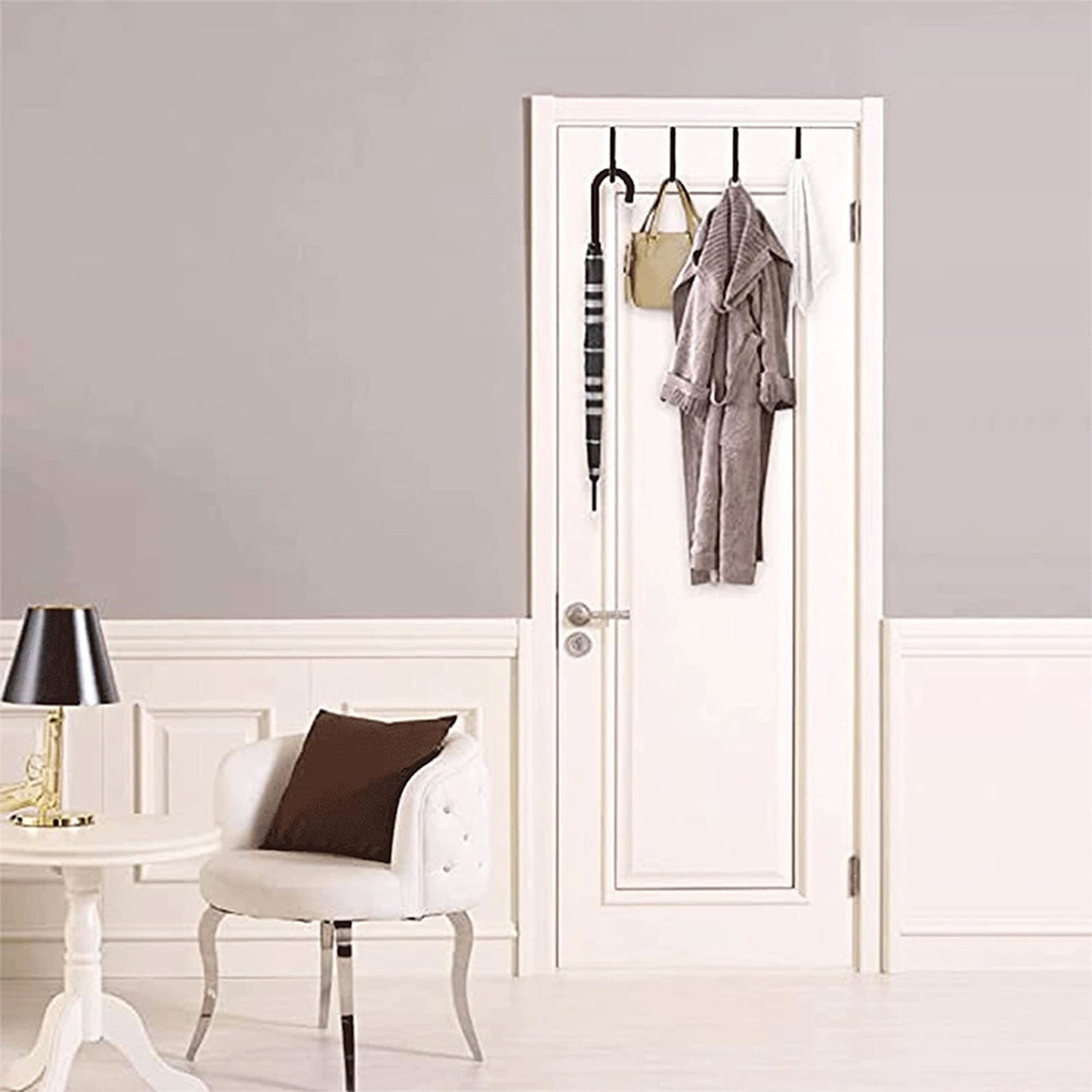 Over the Door Hook,1 Pack Over The Door Hooks Rubber Scratches,Sturdy Metal Single Over Door Hooks,Door Hanger Hook Door Hooks for Hanging,Towels,Clothes,Bathroom,Hold Up to 20Lbs(White) Black