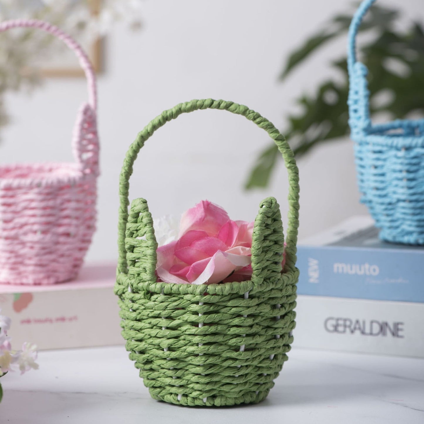 Woven Breads Baskets, Oval Small Fruit Baskets, Stackable Plastic Wicker Baskets for Serving Vegetables, Kitchen, Restaurant, Outdoor, Imitation Rattan, 1 Pcs, 7.48x5.11x2.75 4.88" x 8.19" Blue