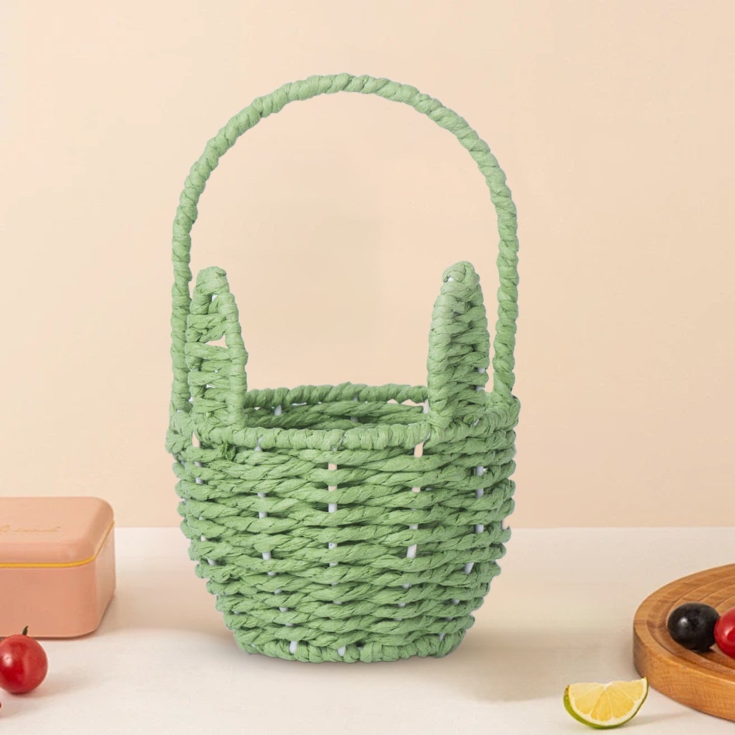 Woven Breads Baskets, Oval Small Fruit Baskets, Stackable Plastic Wicker Baskets for Serving Vegetables, Kitchen, Restaurant, Outdoor, Imitation Rattan, 1 Pcs, 7.48x5.11x2.75 4.88" x 8.19" Yellow
