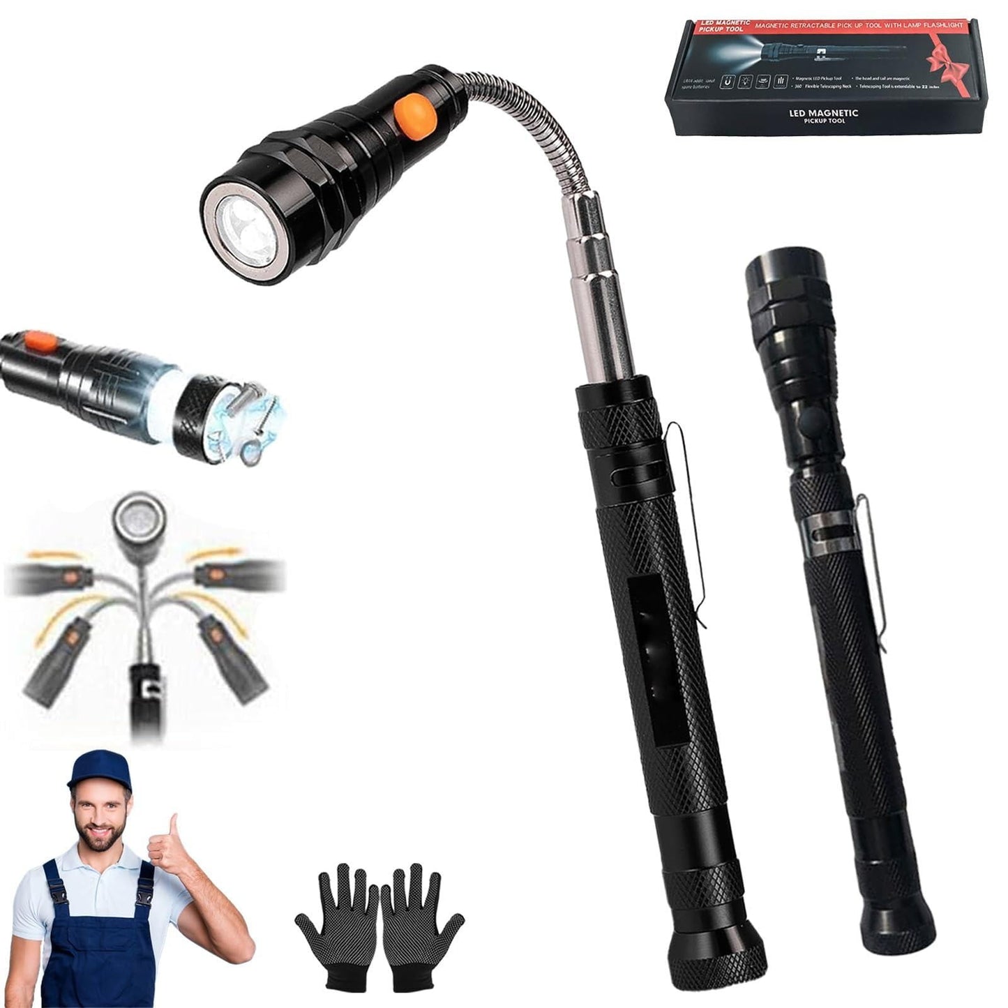 Magnetic Pickup Tool, Gifts for Men, Telescoping Magnet Flashlight, Gifts Idea & Stocking Stuffers for Men, Mechanic, Boyfriend, Christmas Gifts for Dad, Husband, Father, 1 Pcs, 23.6 Inches 23.6" Black