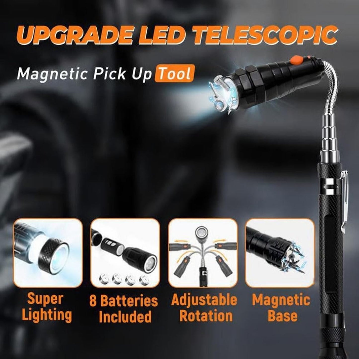 Magnetic Pickup Tool, Gifts for Men, Telescoping Magnet Flashlight, Gifts Idea & Stocking Stuffers for Men, Mechanic, Boyfriend, Christmas Gifts for Dad, Husband, Father, 1 Pcs, 23.6 Inches 23.6" Black