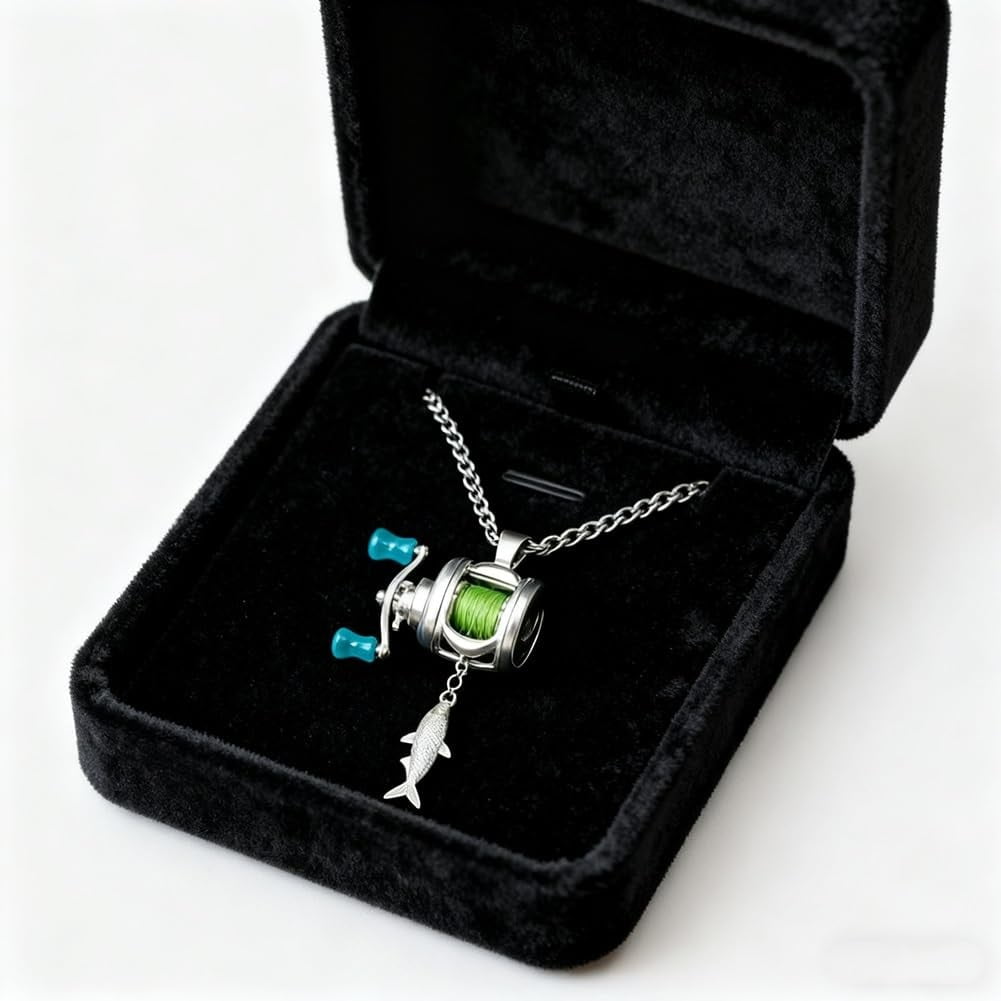 Mini Fishing Reel Necklace with Rotating Handle,Functional Spinning Reel Pendant for Anglers,Movable Line Guide and Keychain Loop,Collectible Gift for Fishing Lovers,Men,or Outdoor Enthusiasts.