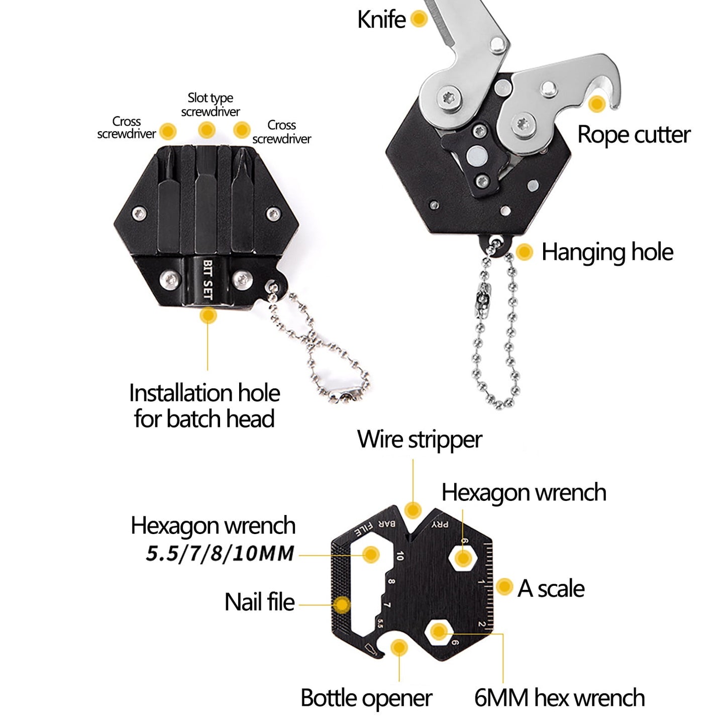 CCMAOLU Hexagonal Multitool Keychain,Portable Pocket Tool with Folding Cutter,Screwdriver Set,Bottle Opener for Outdoor Hiking,Camping,Emergency Seat Belt Cutter,Small Fashion Keychain Tool
