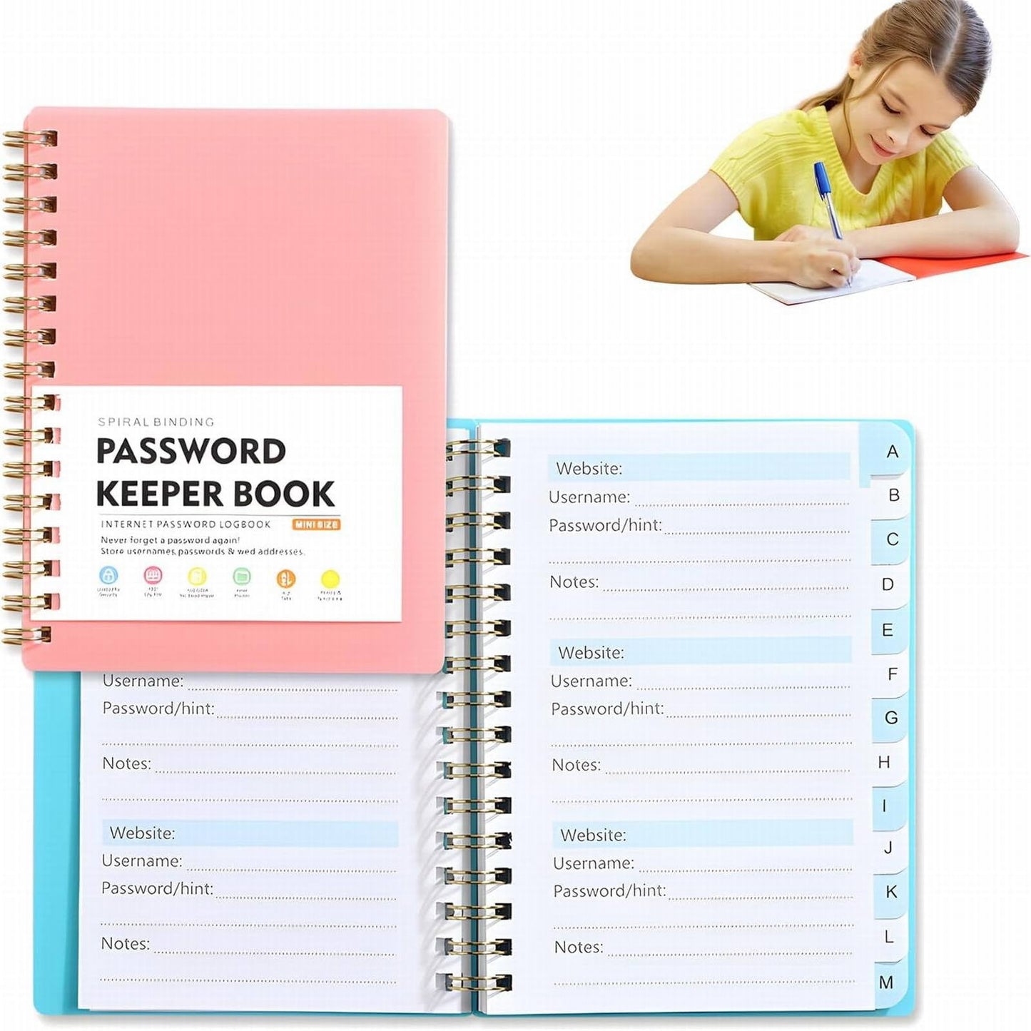 Spiral Password Book with Alphabetical Tabs,Plastic Password Book,Password Book Password Book with Personal Alphabet Label Internet Address and Password Headquarters Password Log, 4.25"x5.7"(Grey) Pink