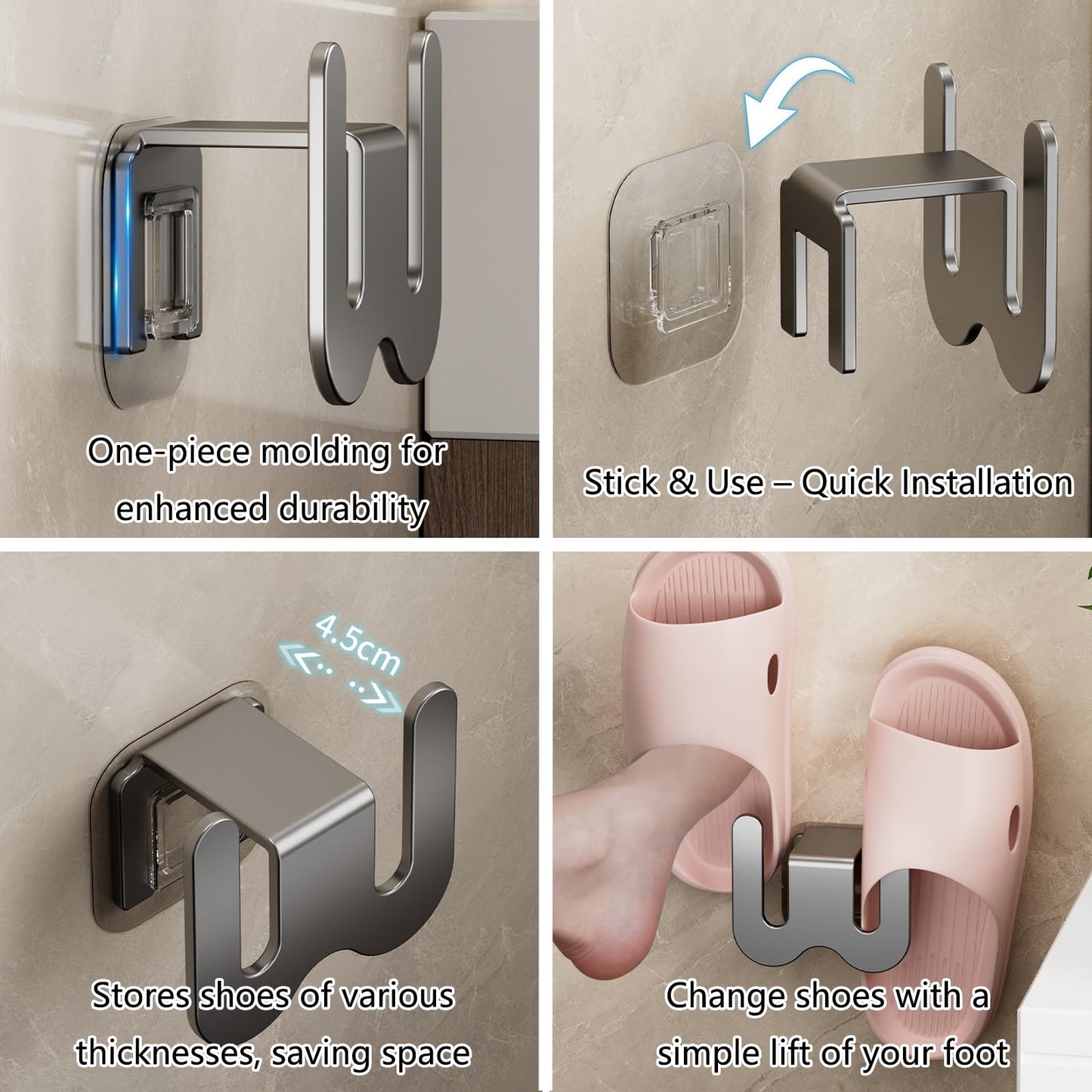 Shoe Rack - Slippers Holder - Bathroom Accessories - Shoe Storage - Wall Hook - Self-Adhesive - Shoe Hanging System - Bathroom Organizer - Hallway Accessories - No Drilling - Black - 2 pieces