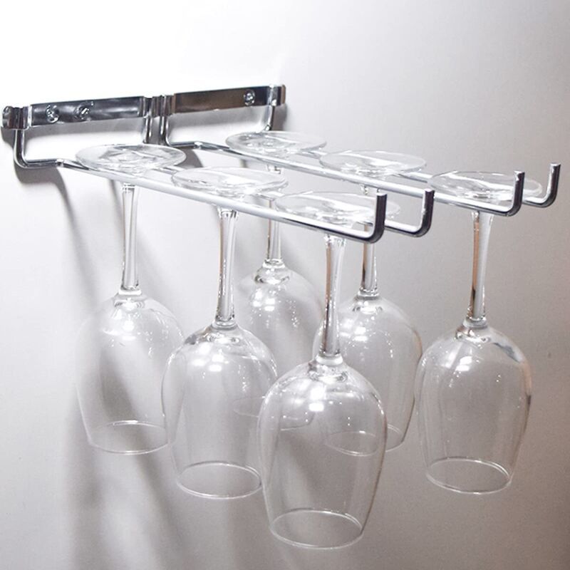 Hanging Glass Holder 2 Row Chrome Stemware Rack Under Shelf