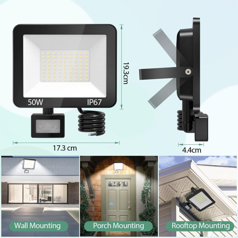 50W LED Floodlight with Motion Sensor IP67 Waterproof 5000LM 7000K Cool White