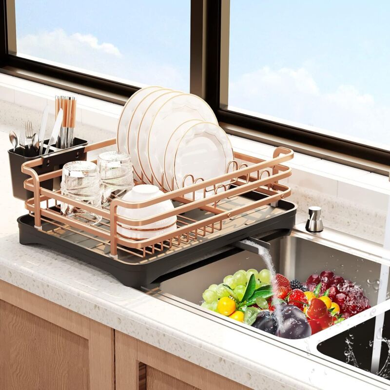 Aluminum Dish Drainer with Removable Tray Champagne Gold, 43 x 31.5 x 11 cm