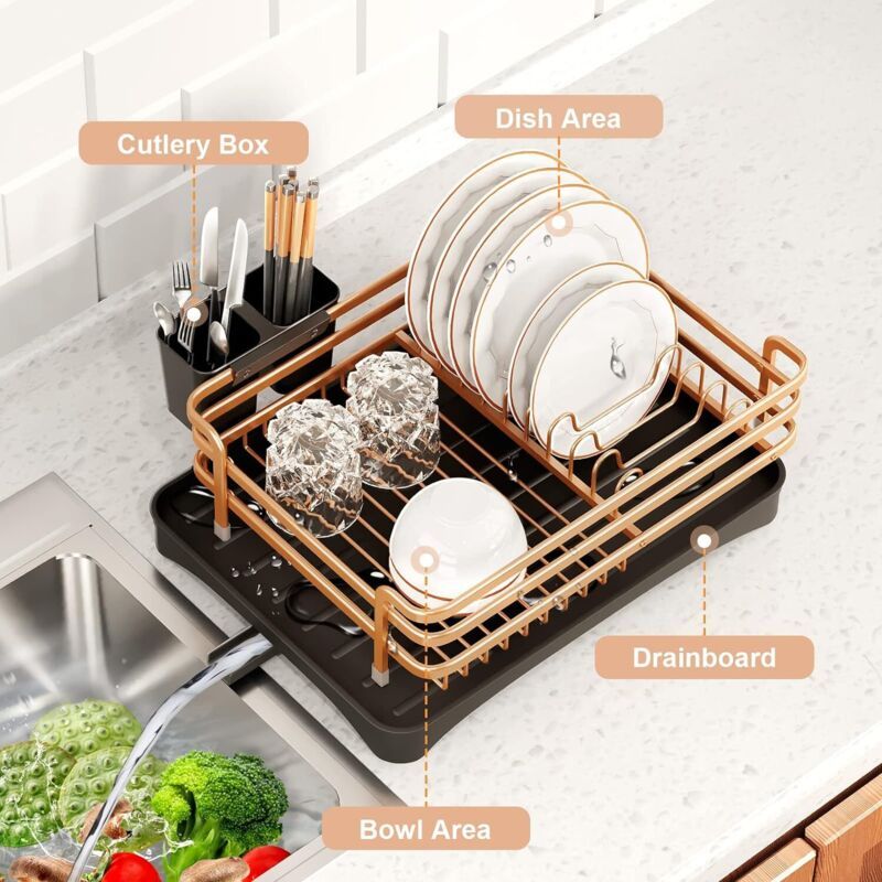 Aluminum Dish Drainer with Removable Tray Champagne Gold, 43 x 31.5 x 11 cm