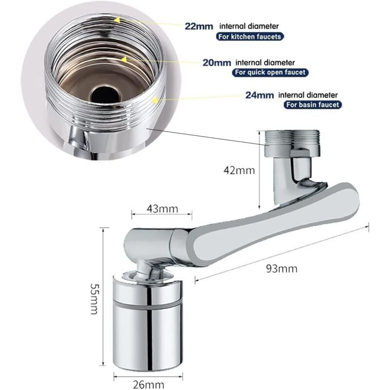 Faucet Aerator 1440 Degree Swivel Extension 2 Water Modes Universal Brass Diffuser, 20 22 24 mm