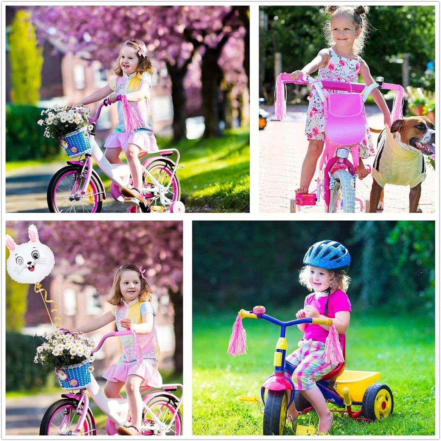 4Pcs Pink Bike Streamers,Non-Slip Bicycle Handlebar Grips Cover,Durable Cycling Replacement Parts with Tassel Ribbon for Bicycle Pink
