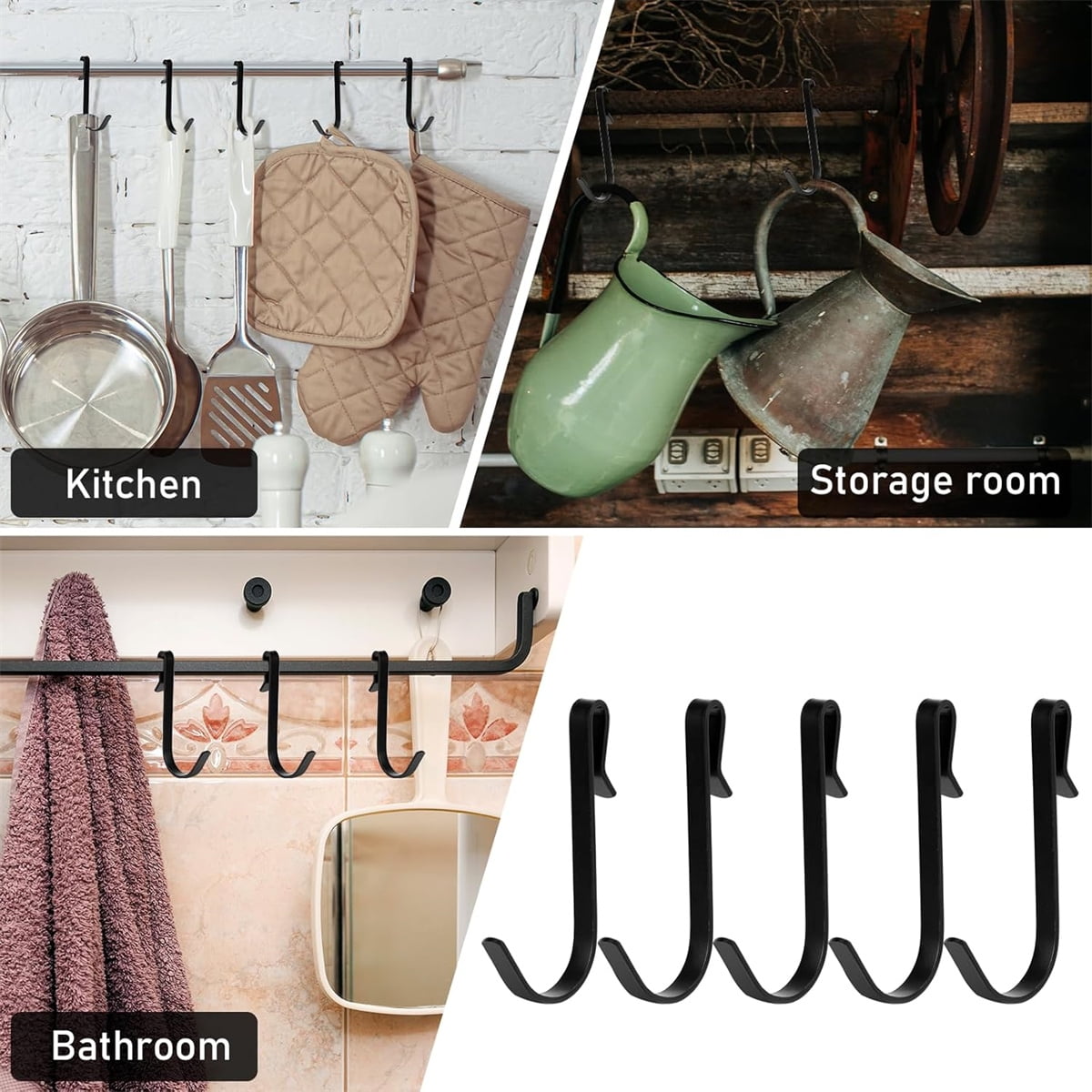 Tutuviw 20 Pcs 2.4in Long J-Hook for Wire Shelving, Wire Rack Hook, Stainless Steel Hanger Clip-on Hooks, Hanging Sink Grid Hook, Heavy Duty Utility Hooks for Kitchen Bedroom Office, Silver Black