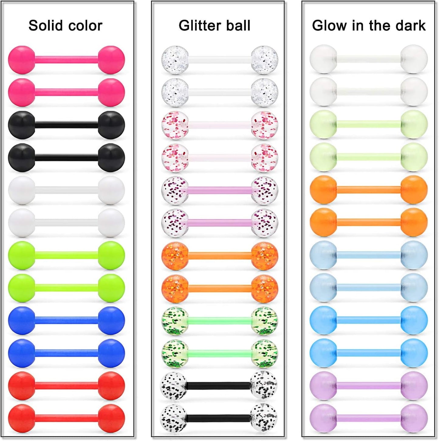 36Pcs 14G Glow in Dark Flexible Acrylic Straight Tongue Barbell Nipple Ring Retainer Piercing Jewelry for Women Men 16mm Bar