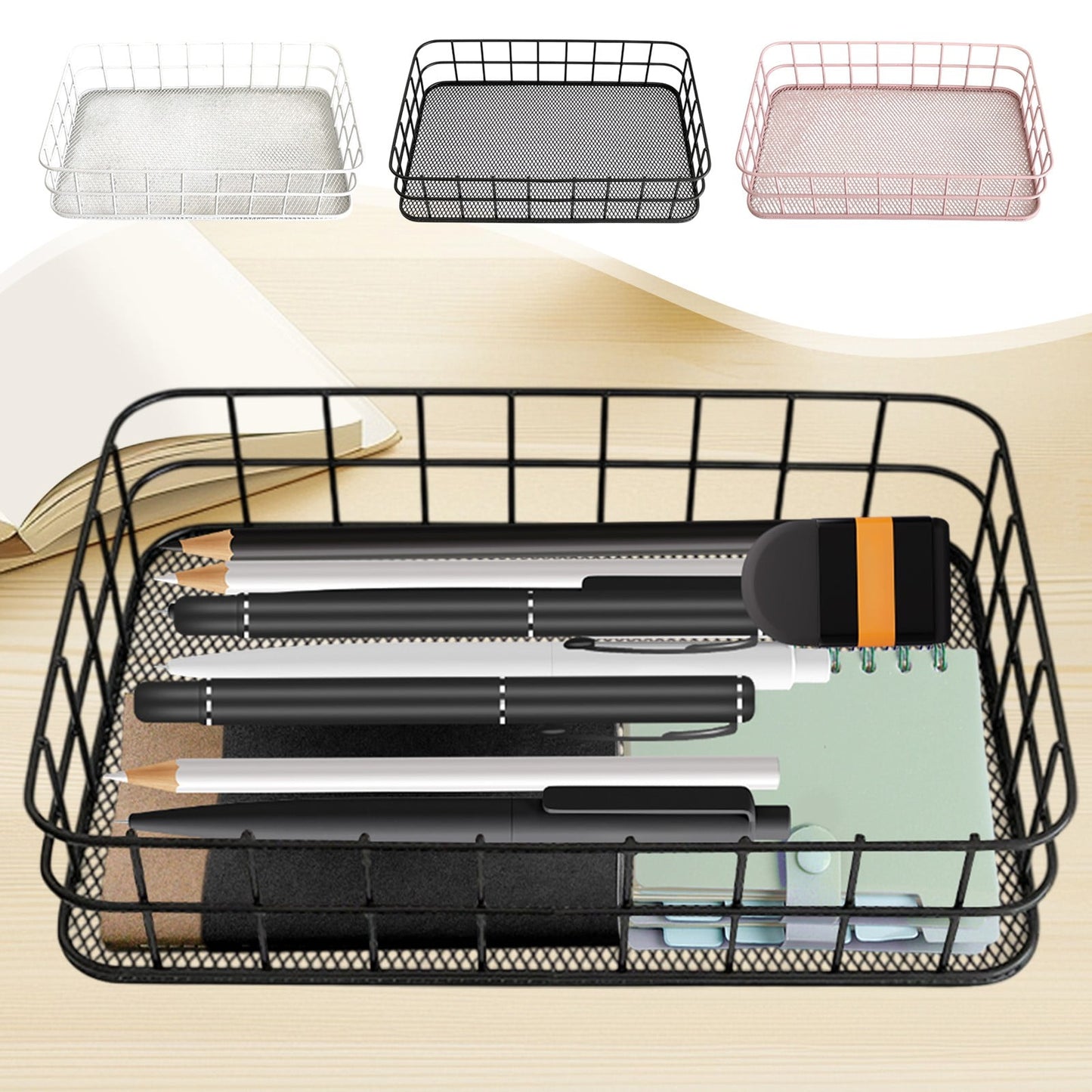 Desktop Metal Storage Basket, Grids Storage Tray Small Wires Baskets Fruit Basket Metal Organizer Tray for Home Decoration, Closets, Fridge, Kitchen Black
