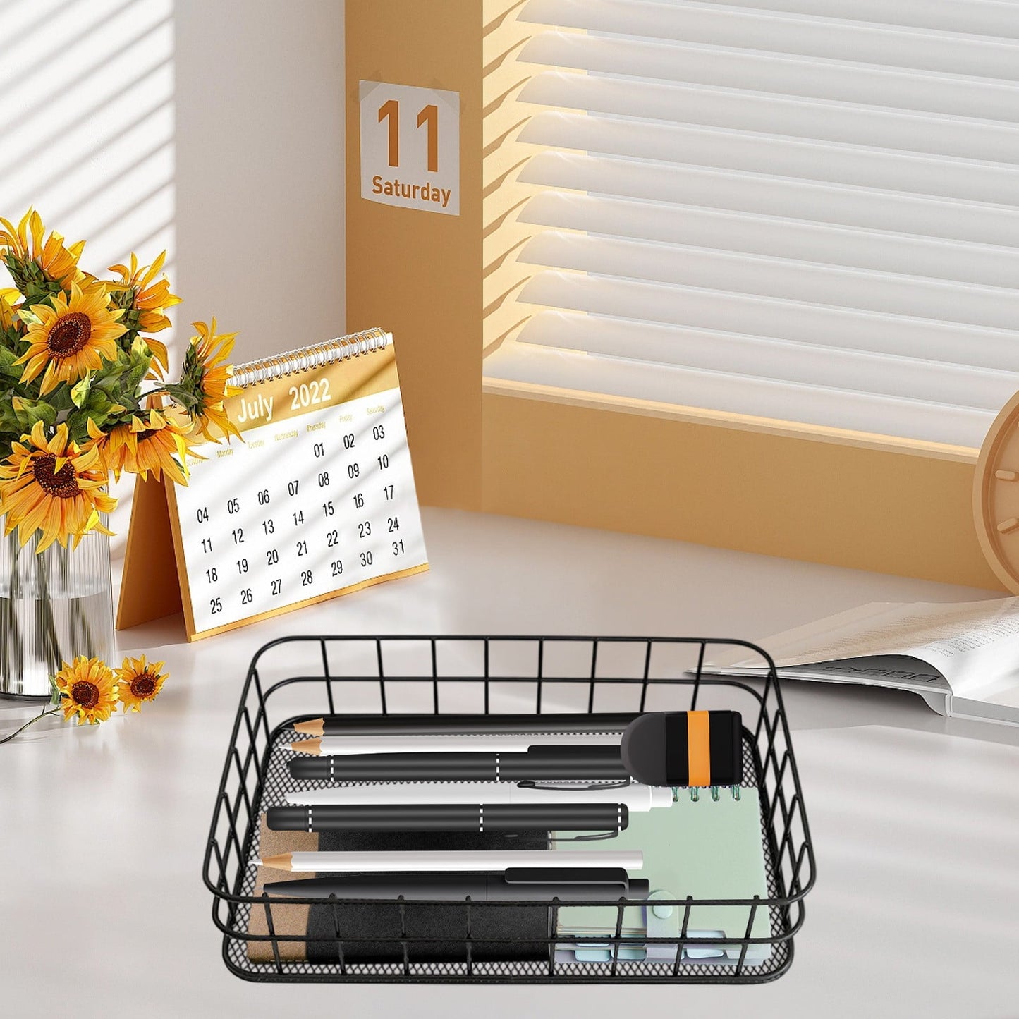 Desktop Metal Storage Basket, Grids Storage Tray Small Wires Baskets Fruit Basket Metal Organizer Tray for Home Decoration, Closets, Fridge, Kitchen Black