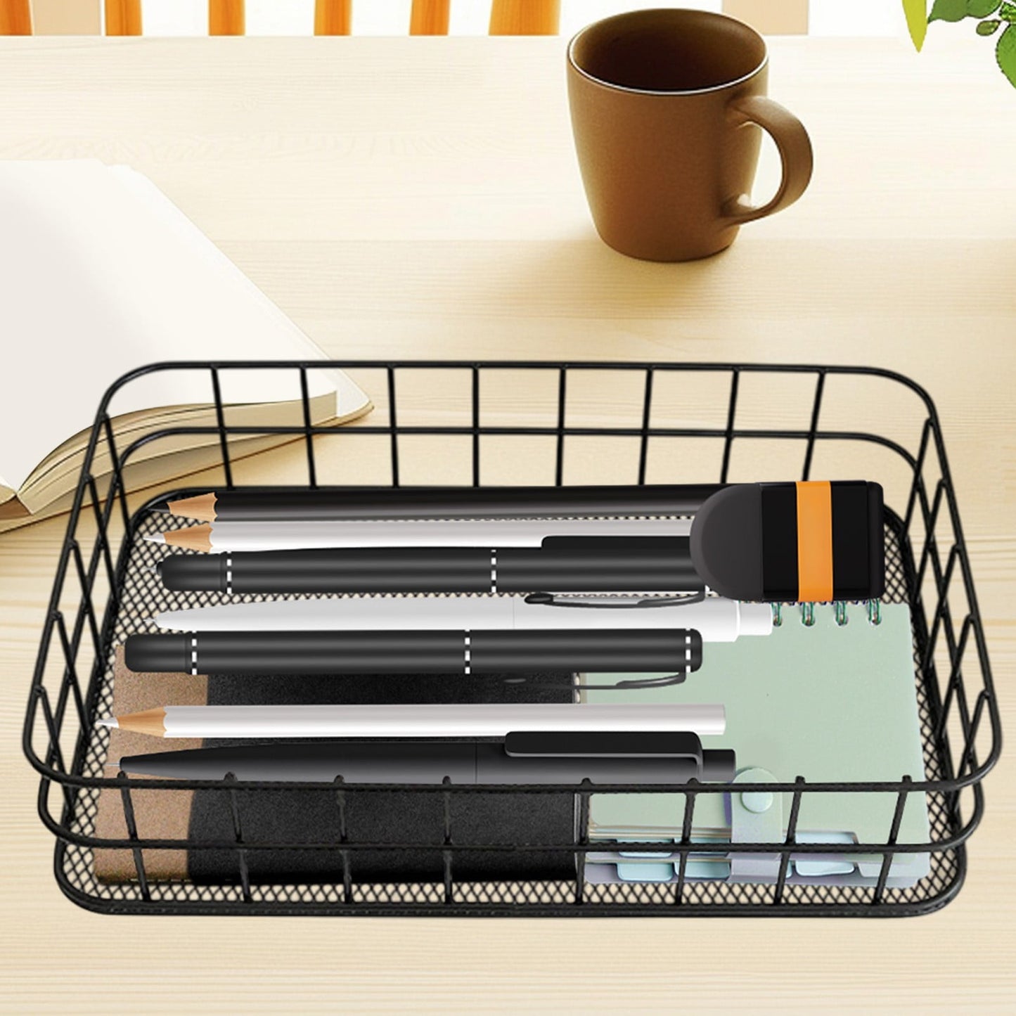 Desktop Metal Storage Basket, Grids Storage Tray Small Wires Baskets Fruit Basket Metal Organizer Tray for Home Decoration, Closets, Fridge, Kitchen Black