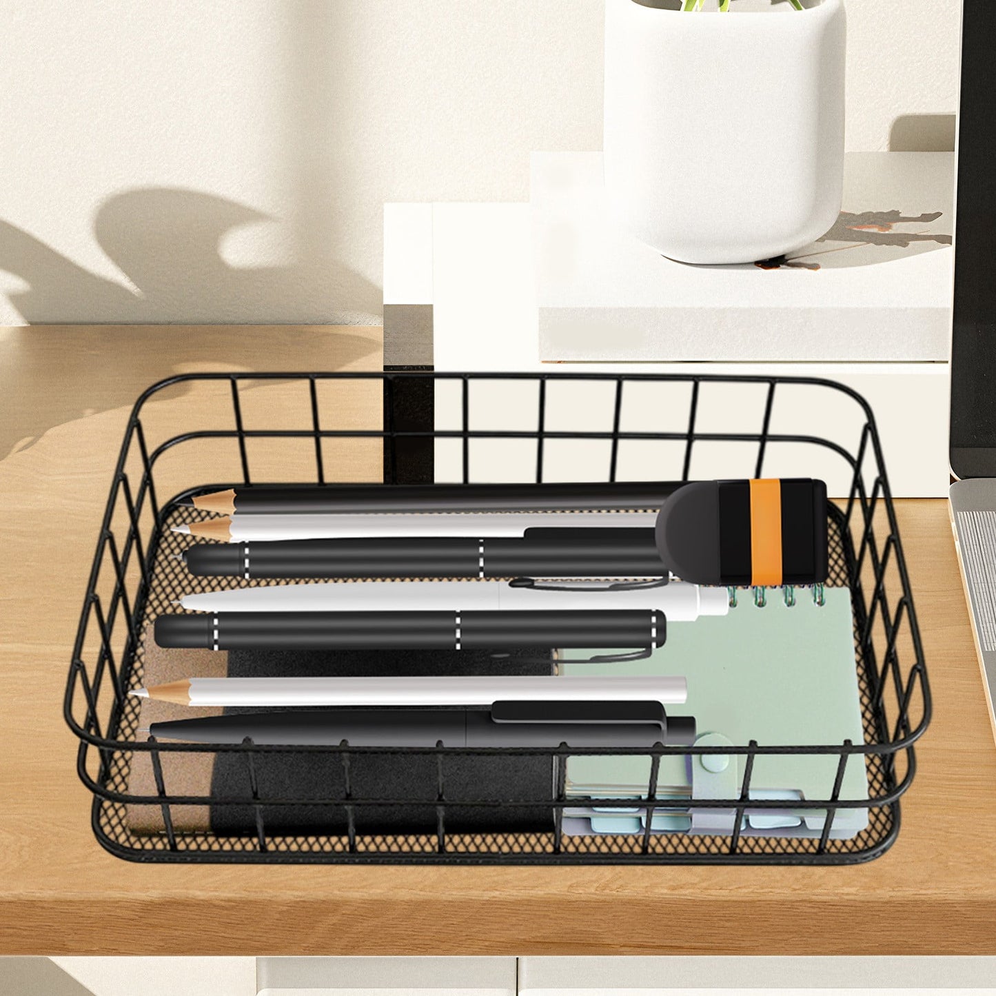 Desktop Metal Storage Basket, Grids Storage Tray Small Wires Baskets Fruit Basket Metal Organizer Tray for Home Decoration, Closets, Fridge, Kitchen Black