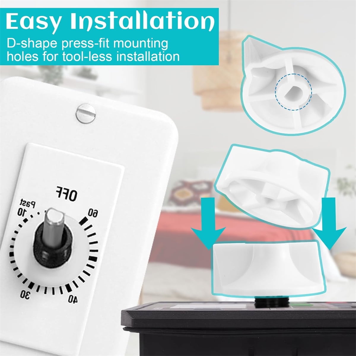 Tutuviw 2 Pack Timer Switch Knob Replacement Timer Switch Knob Compatible Spring Wound Timers D-Type Timer Knob for Wall Bathroom Fan Motor Heater Light (White)