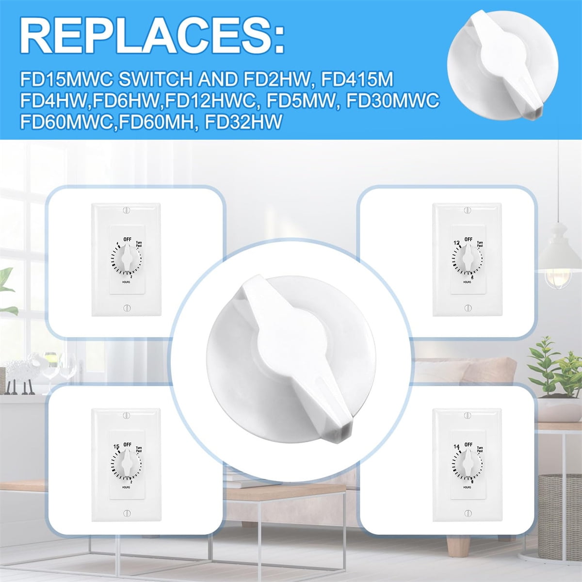 Tutuviw 2 Pack Timer Switch Knob Replacement Timer Switch Knob Compatible Spring Wound Timers D-Type Timer Knob for Wall Bathroom Fan Motor Heater Light (White)