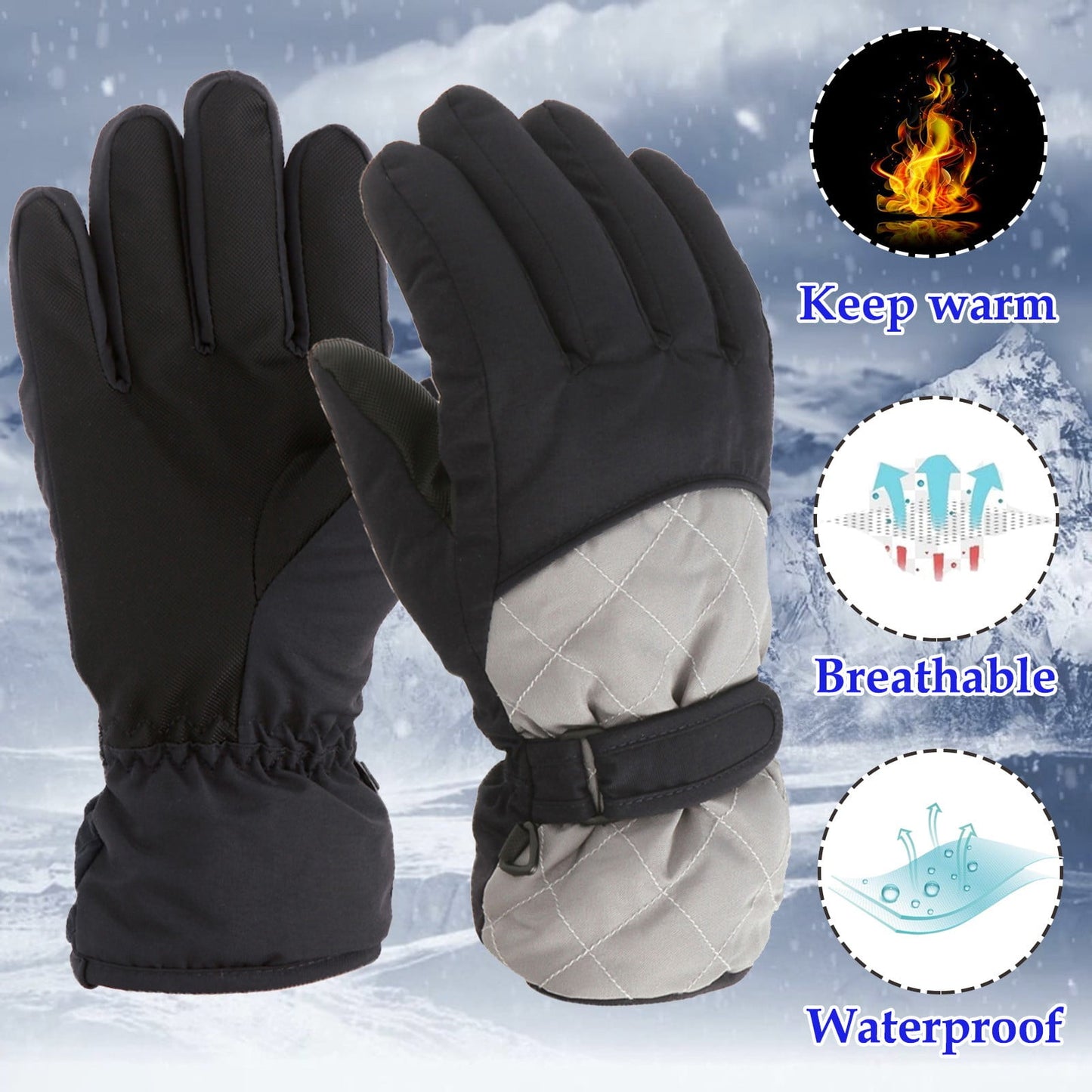 GXWEA 2T Gloves Kids Waterproof Gloves Kids Gloves Winter Gloves Thick Gloves Stretchy Warm Gloves Boys Girls 6-11 Year 10-16 Year AHA2 kids snow gloves Grey