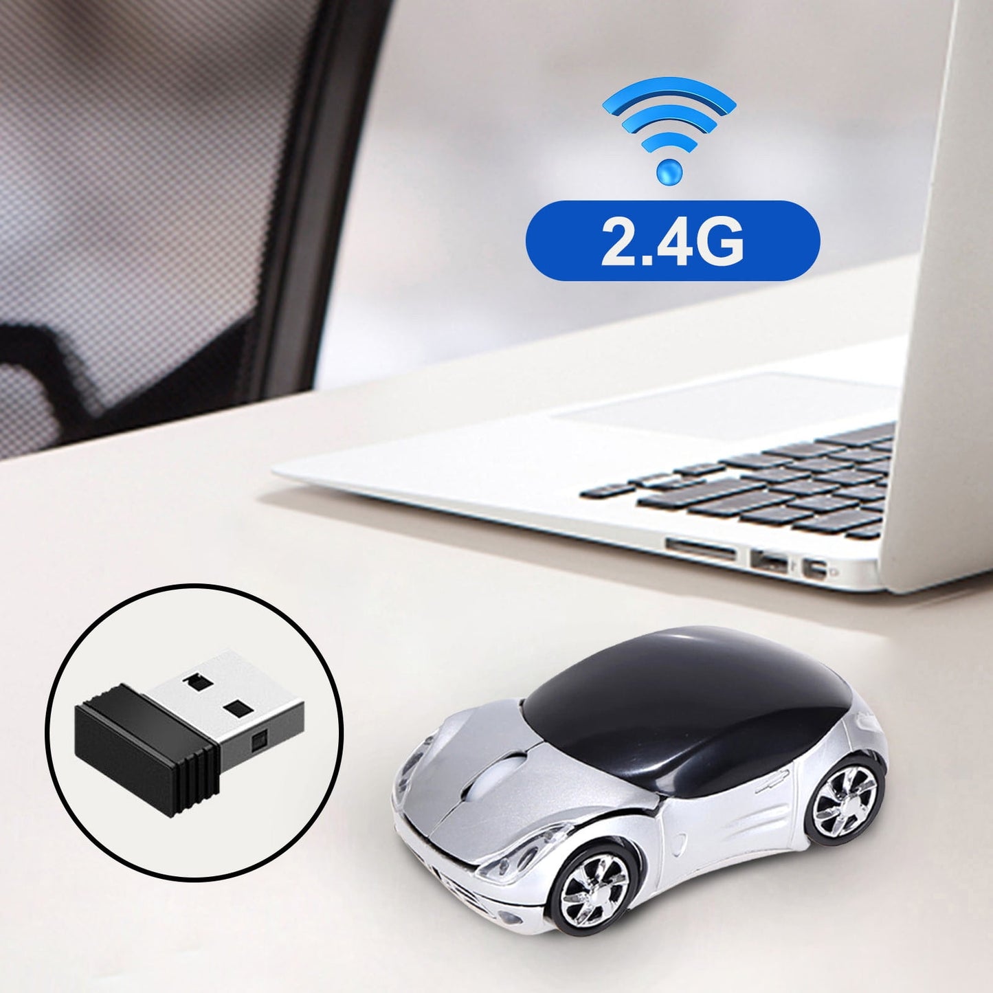 2.4G Wireless Mouse, Cute Car Mouse, 2.4G Wireless (10m Range) and USB Plug and Play, 1200DPI Optical Tracking, for PC Computer Laptop Tablet, with LED Light Blue