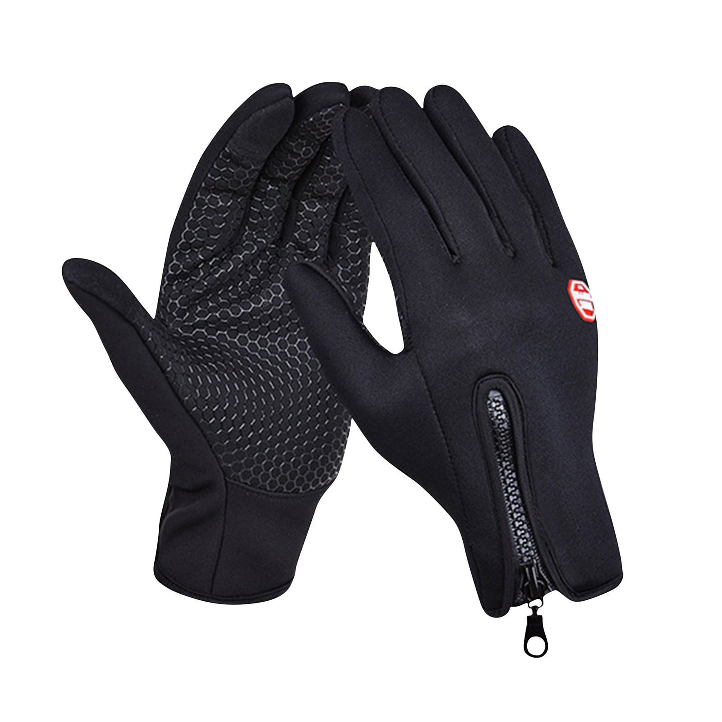 Plush Thermal Gloves with Zipper, Windproof & Waterproof Thermal Non-Slip Gloves, Winter Outdoor Touch Screen Gloves for Running, Cycling, Hiking, Travel L Black